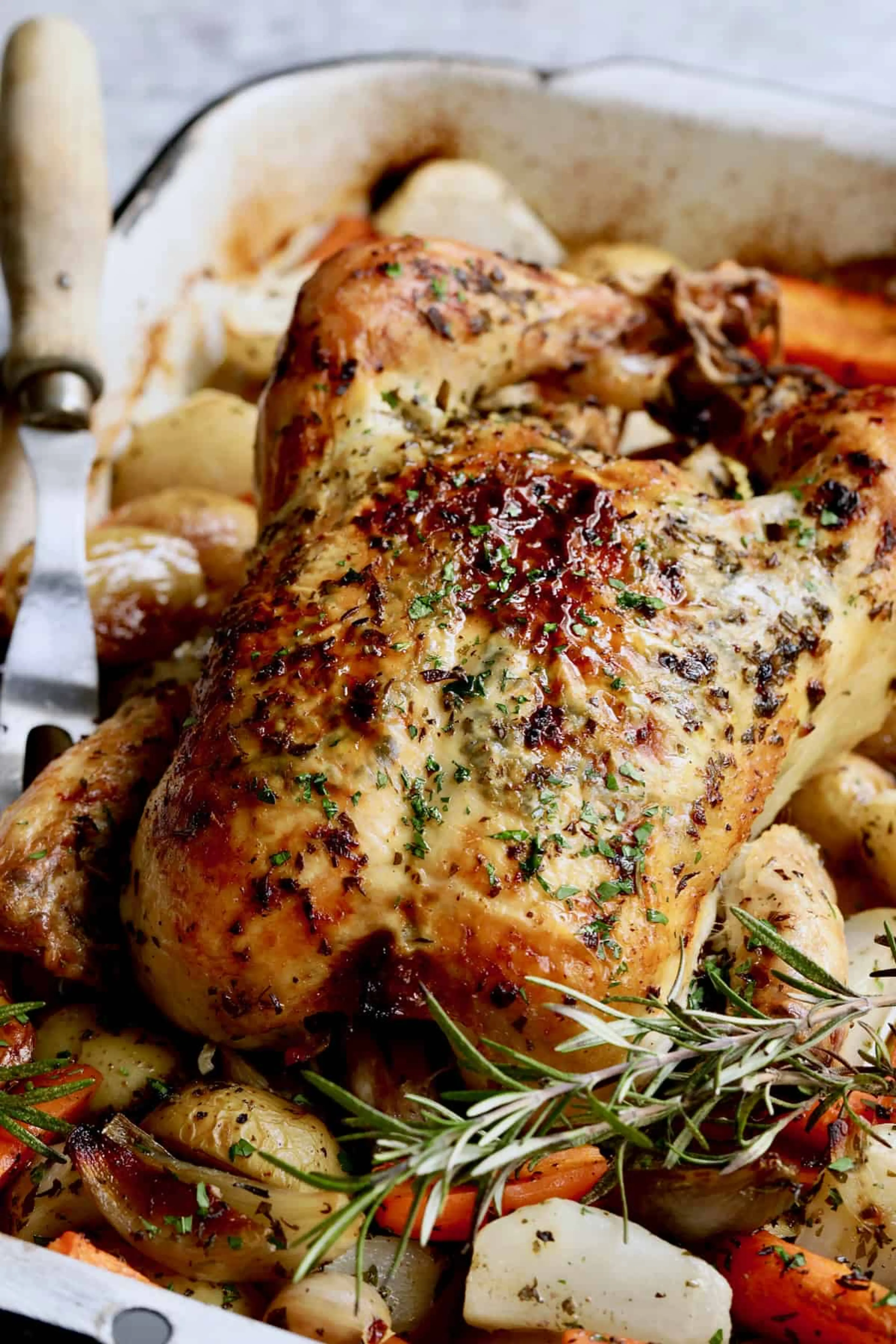 Garlic Herb Butter Roast Chicken with Root Vegetables
