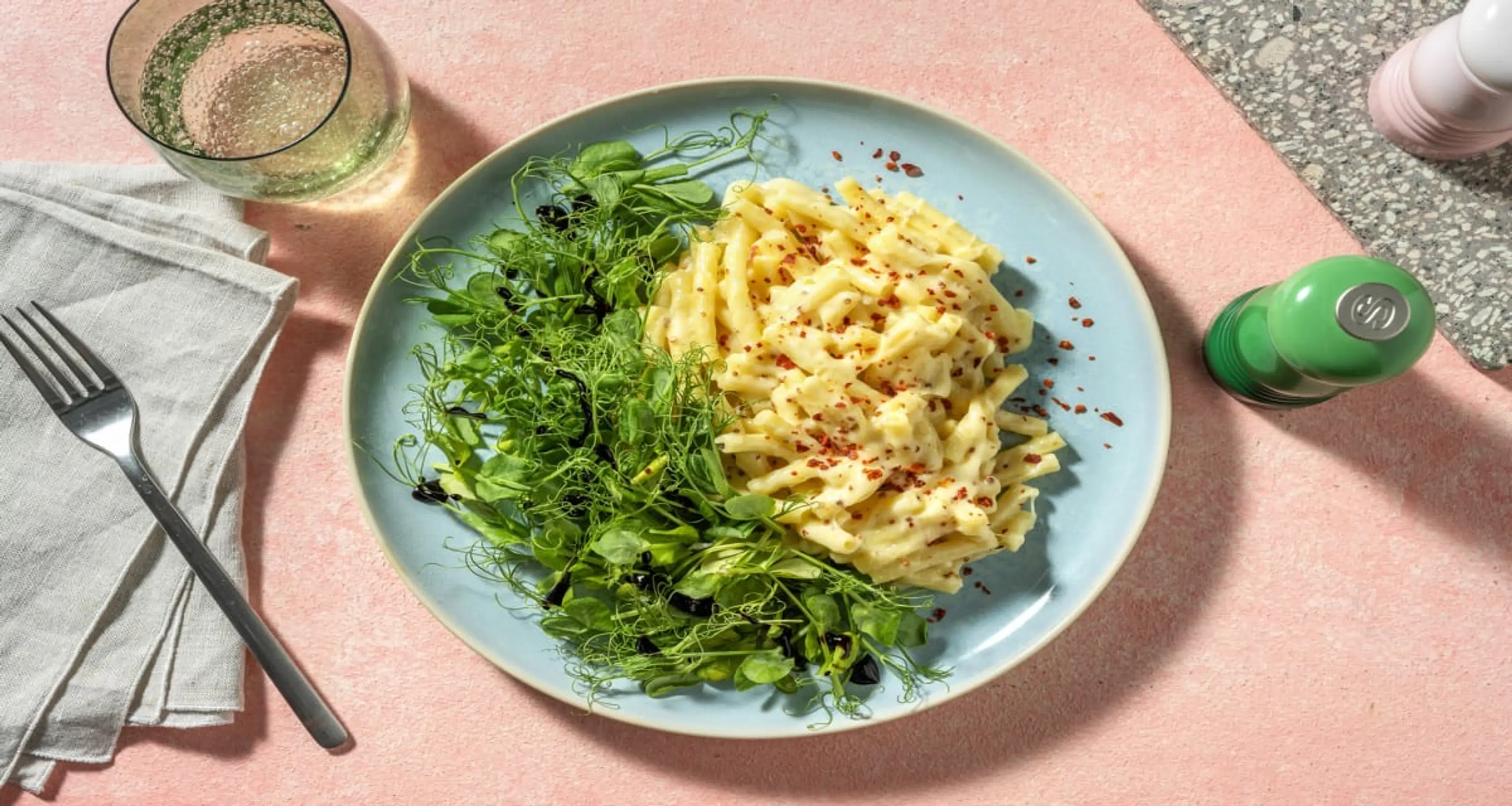 Stovetop Mac & Cheese with Pea Shoot Salad
