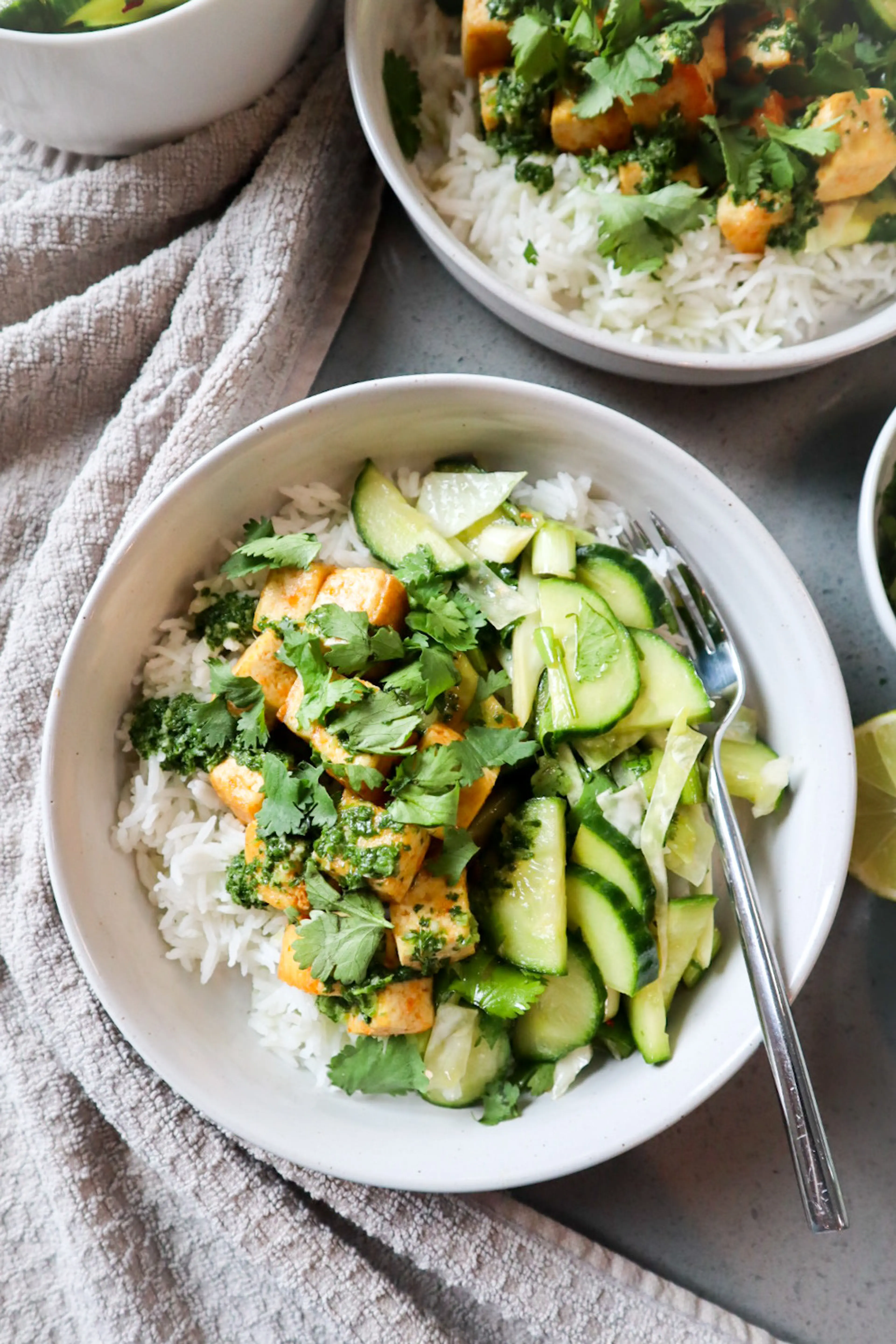 SPICY TOFU RICE BOWLS WITH CUCUMBER SALAD