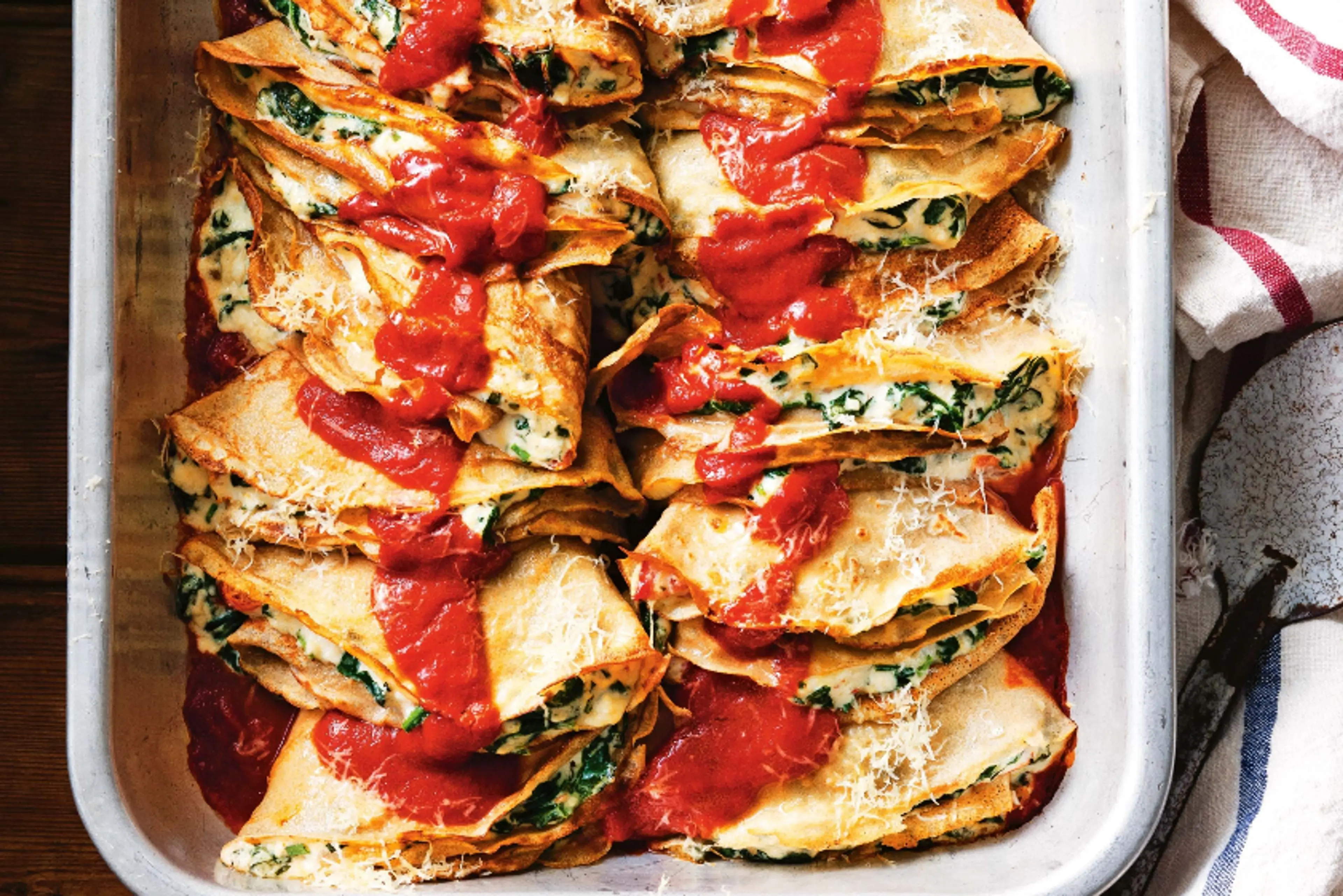 Buckwheat crespelle with ricotta, spinach and sundried tomat