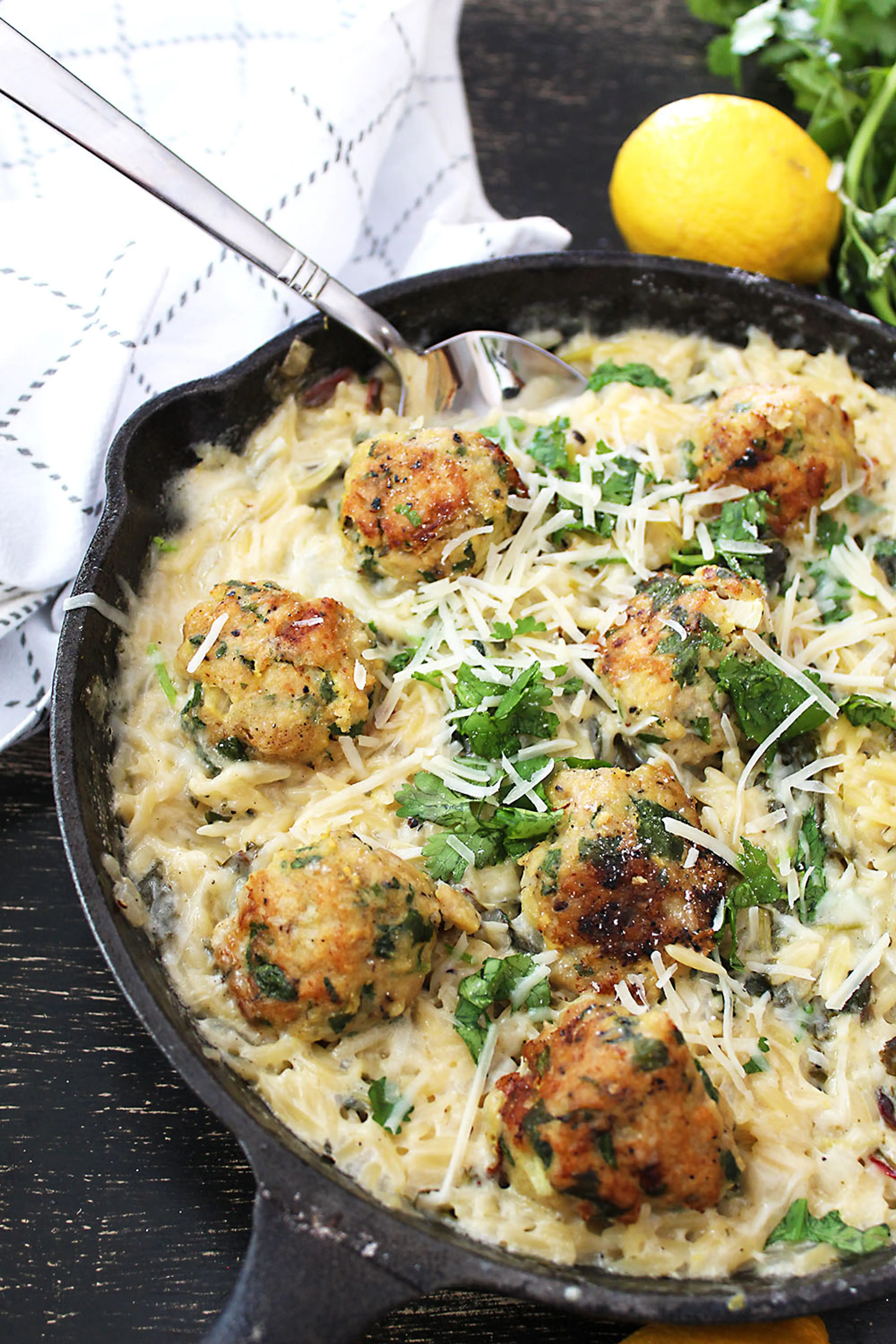 Creamy Parmesan Spinach Orzo with Chicken Meatballs