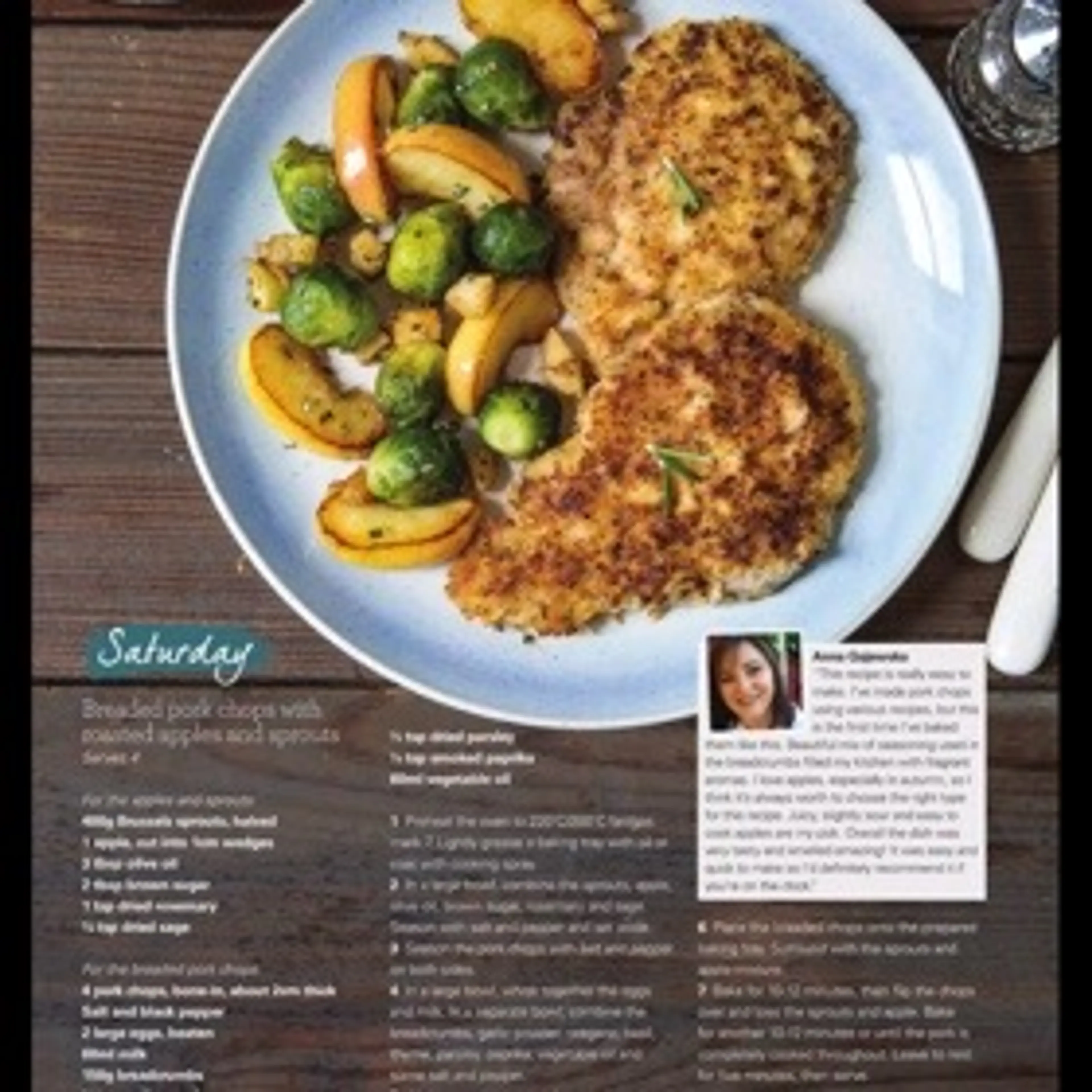 Breaded pork chops with roasted apples and sprouts