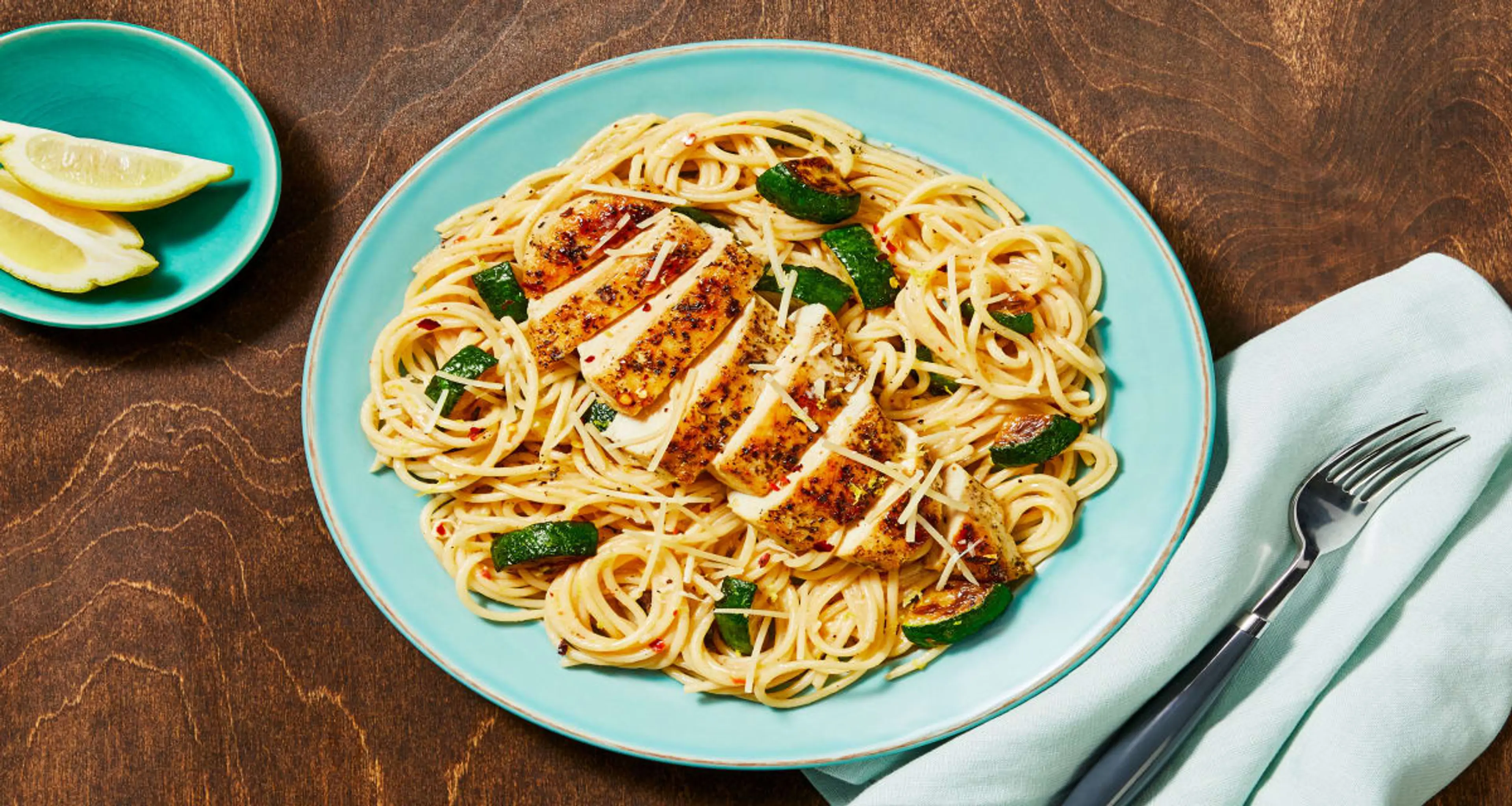 Italian Chicken over Lemony Spaghetti with Zucchini & Chili 