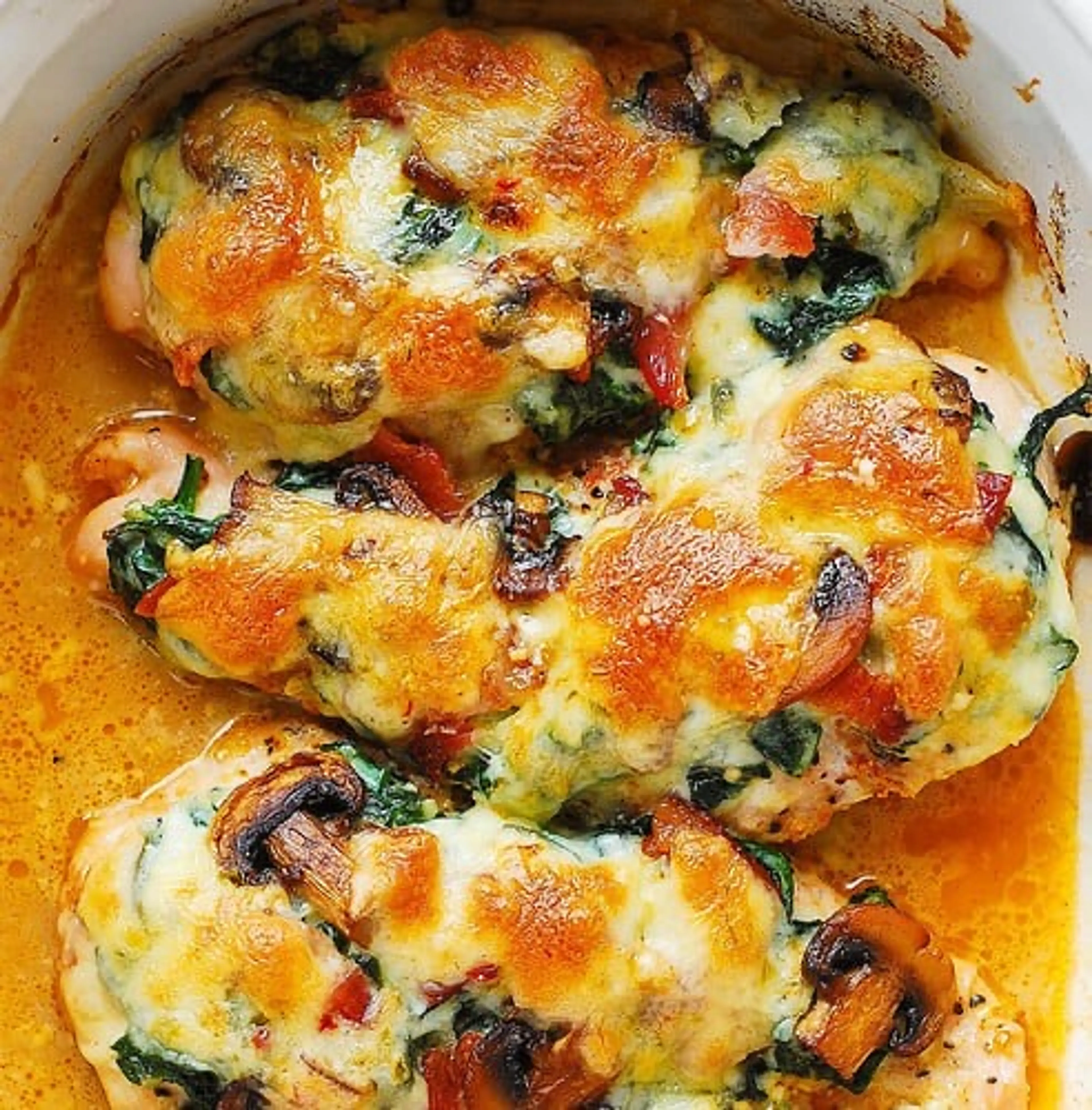 Smothered Chicken with Creamed Spinach, Bacon, Mushrooms