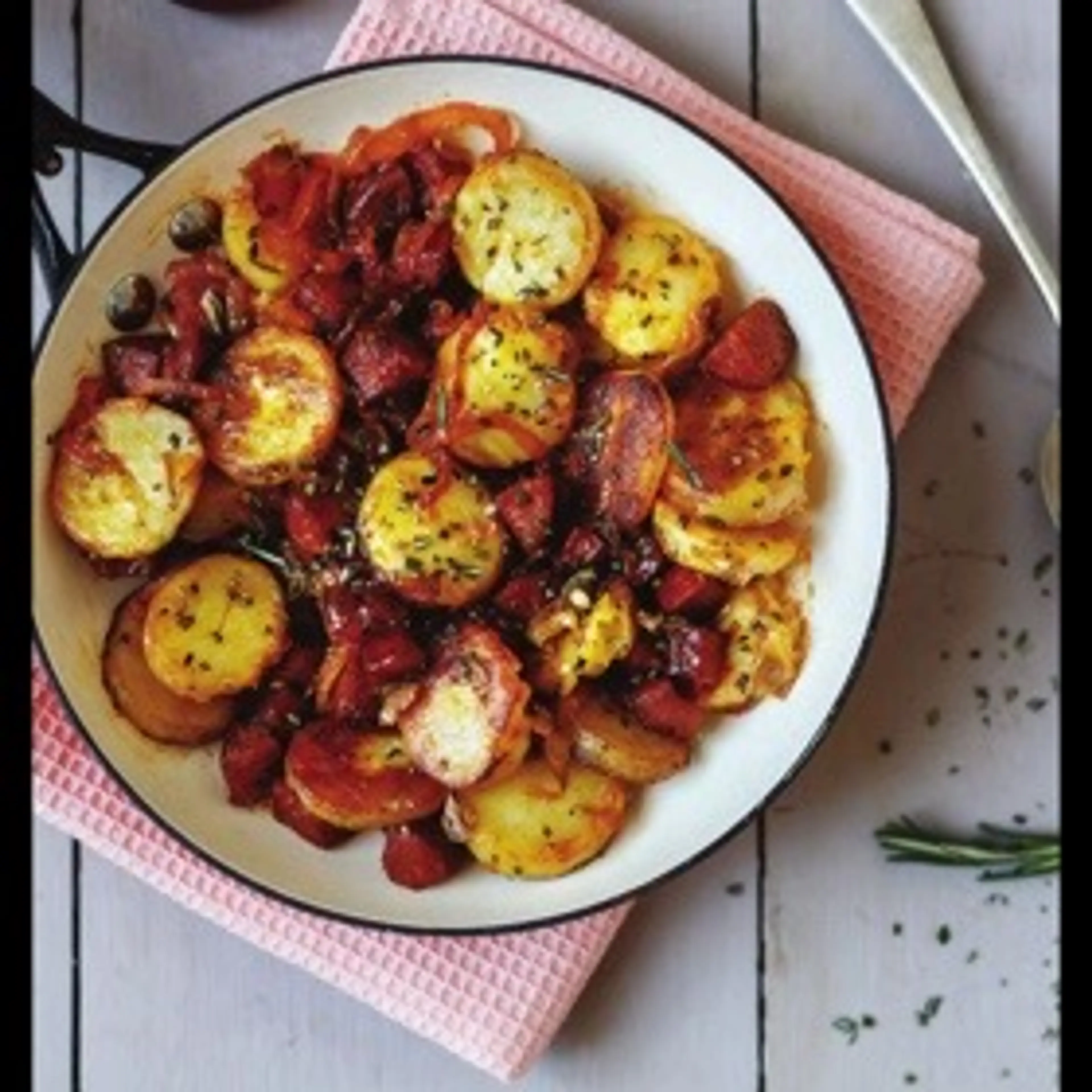 Sautéed potatoes with chorizo, rosemary and onions