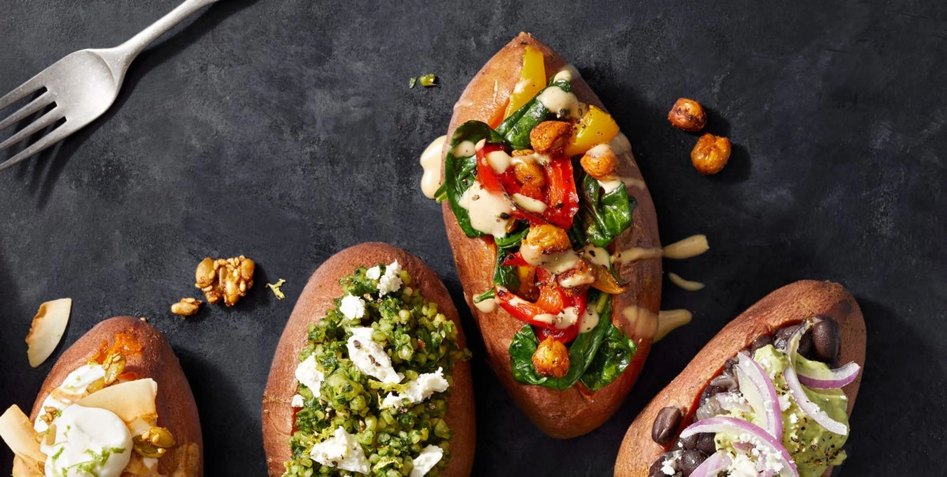 Sweet Potatoes with Roasted Peppers and Crispy Chickpeas
