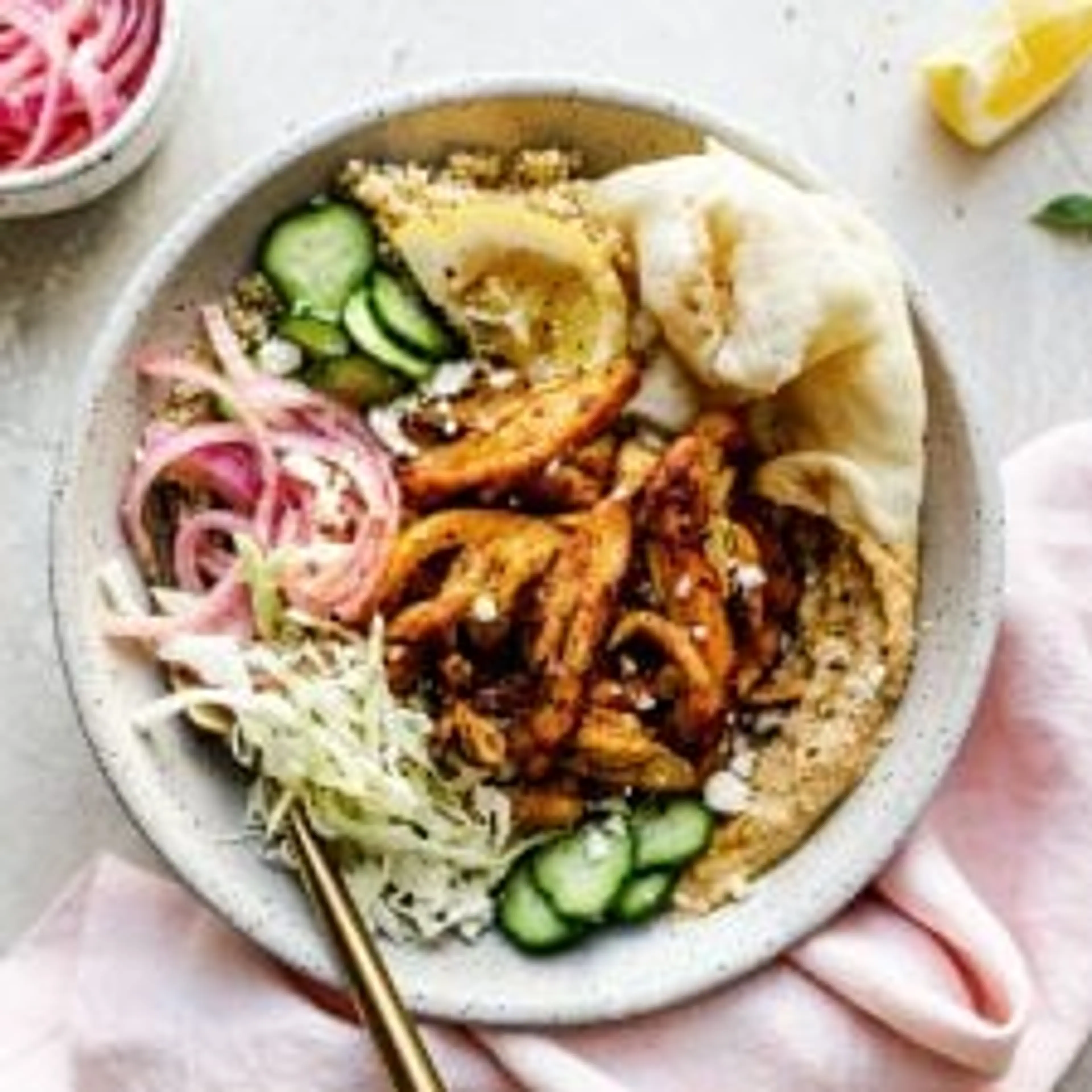 Hummus Bowls with Easy Chicken Shawarma (or Roasted Veggie S
