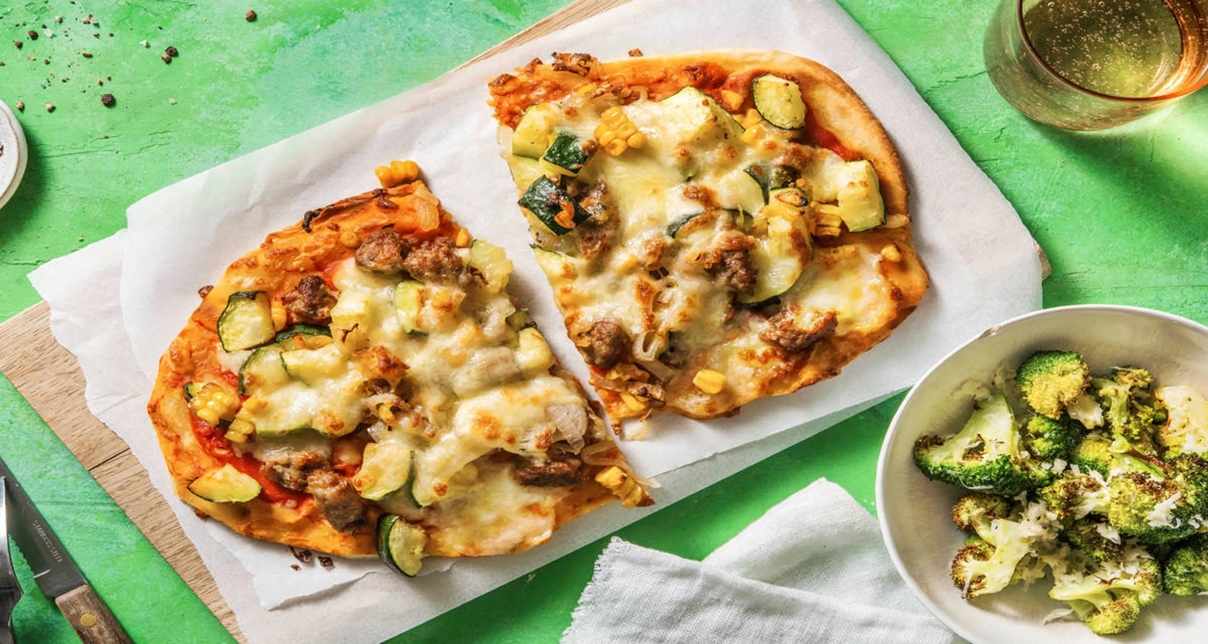 Sausage and Zucchini Pizzas with Roasted Parmesan Broccoli