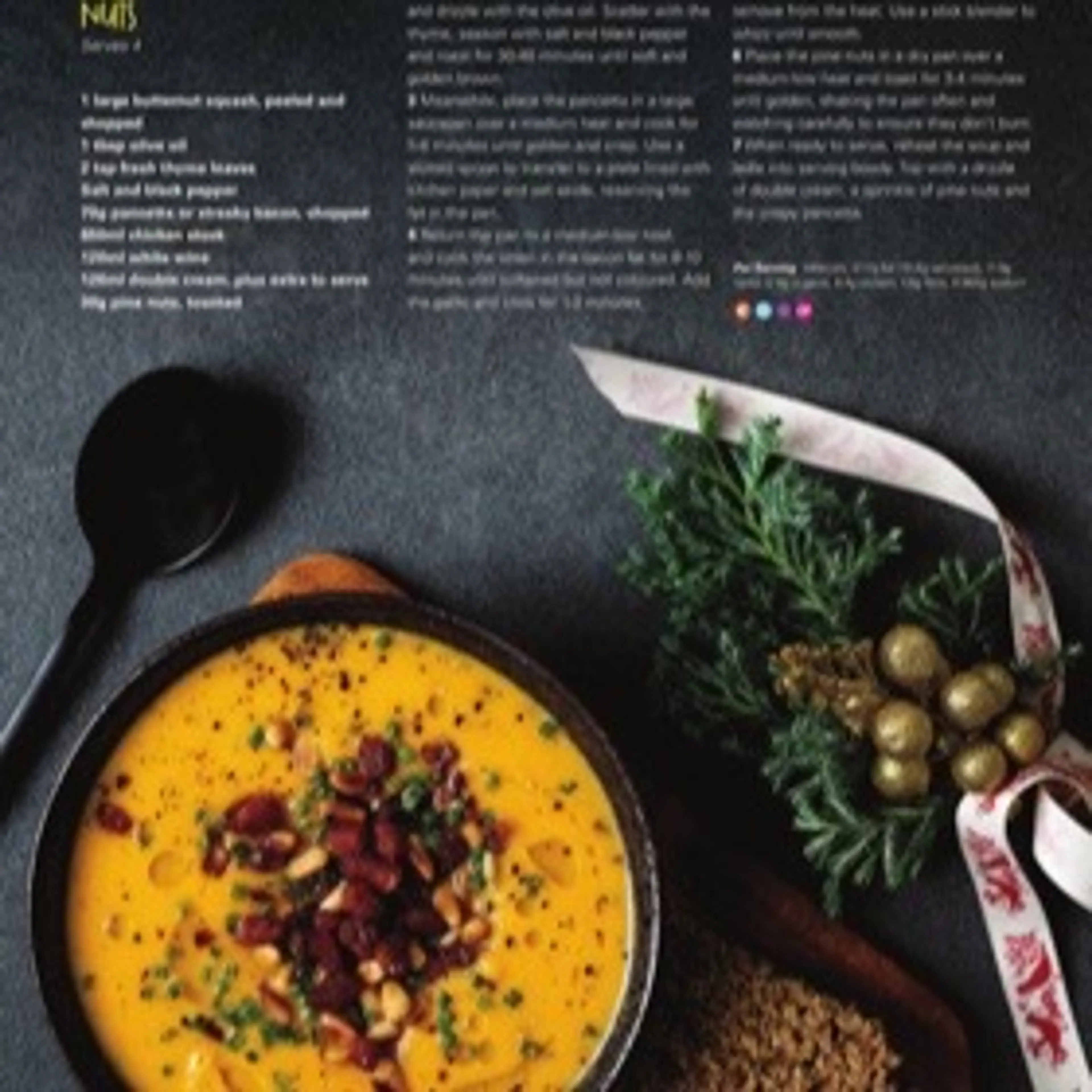 Roasted Squash Soup With Crispy Pancetta And Pibe Nuts