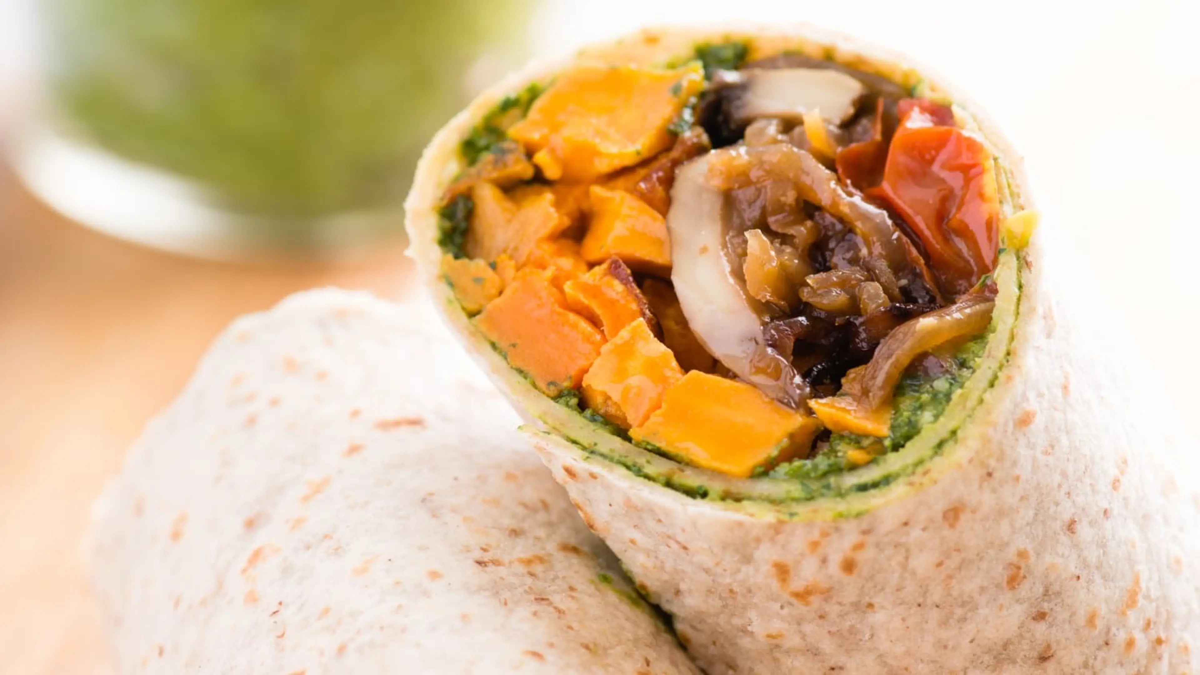 Roasted Sweet Potato Wraps with Caramelized Onions and Pesto