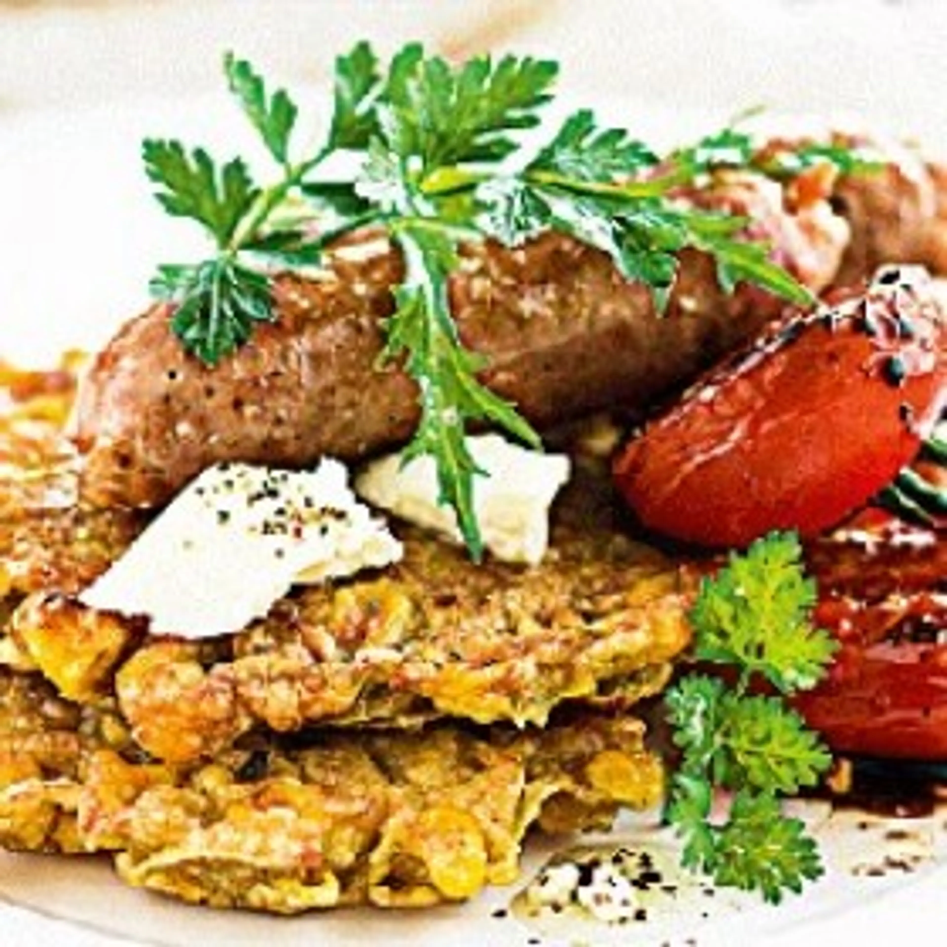 Golden Kumara and Corn Fritters with Balsamic Tomatoes and B
