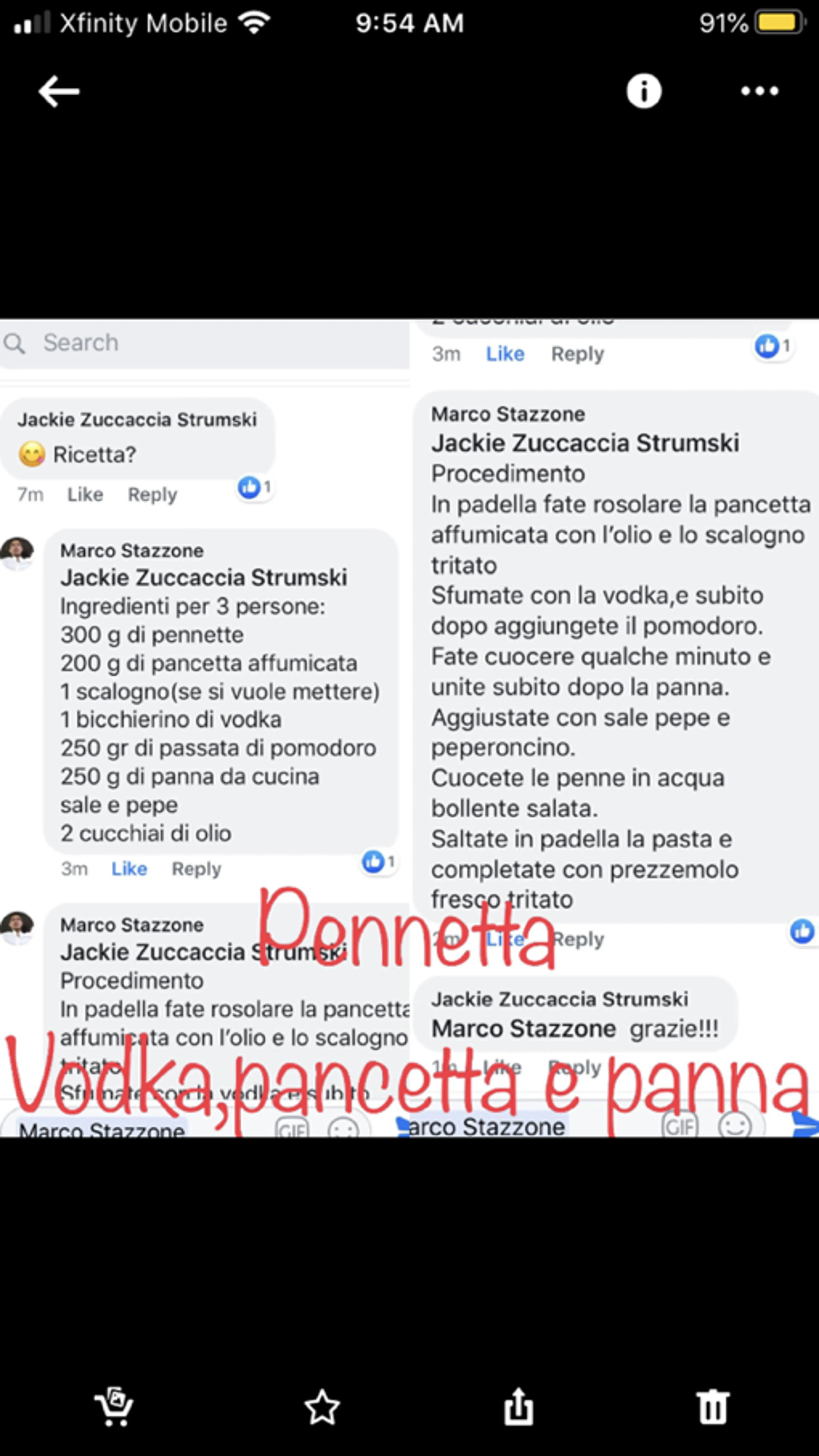 Pennetta Vodka con Pancetta e Panna Rosé