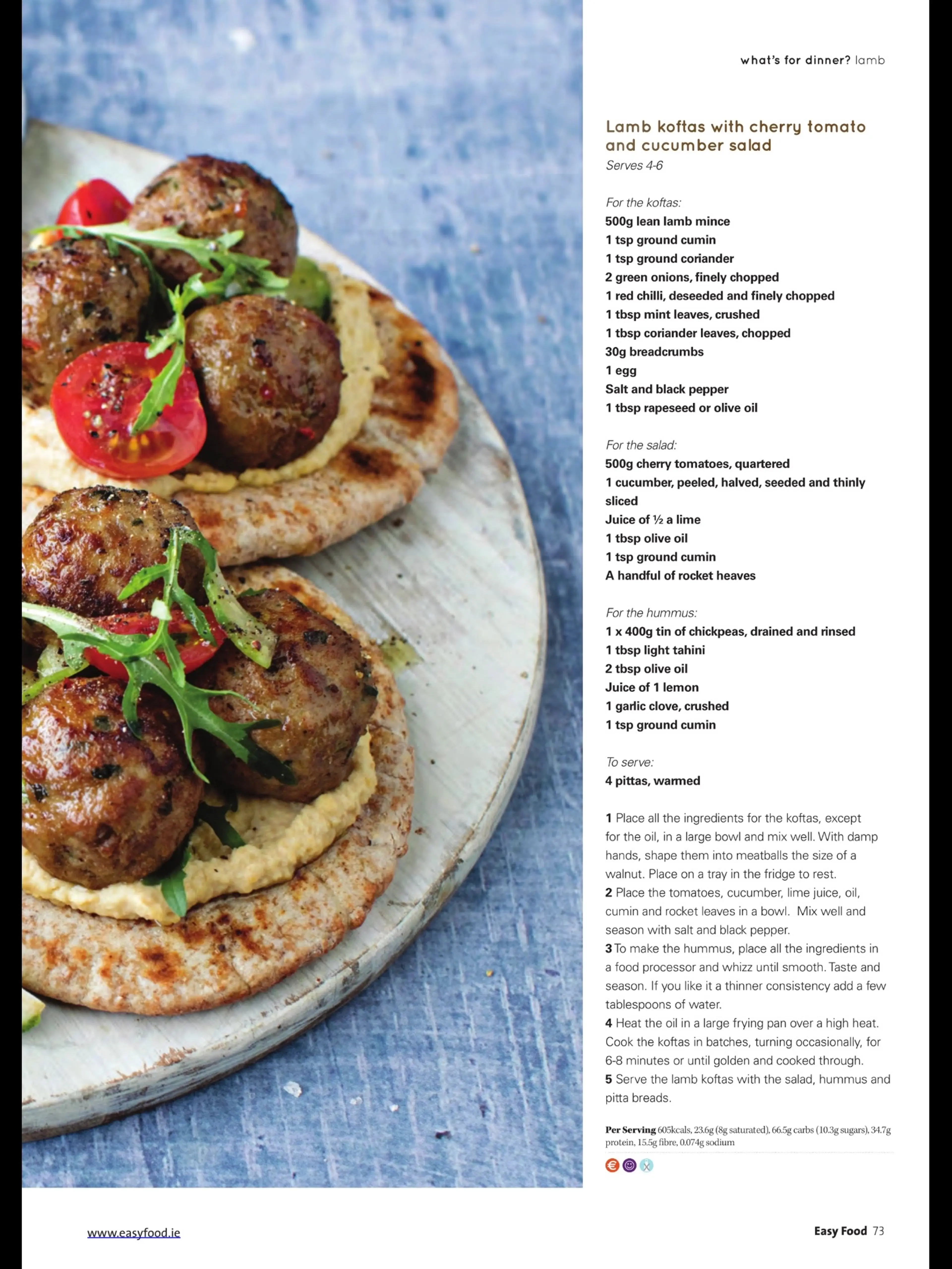 Lamb koftas with cherry tomato and cucumber salad