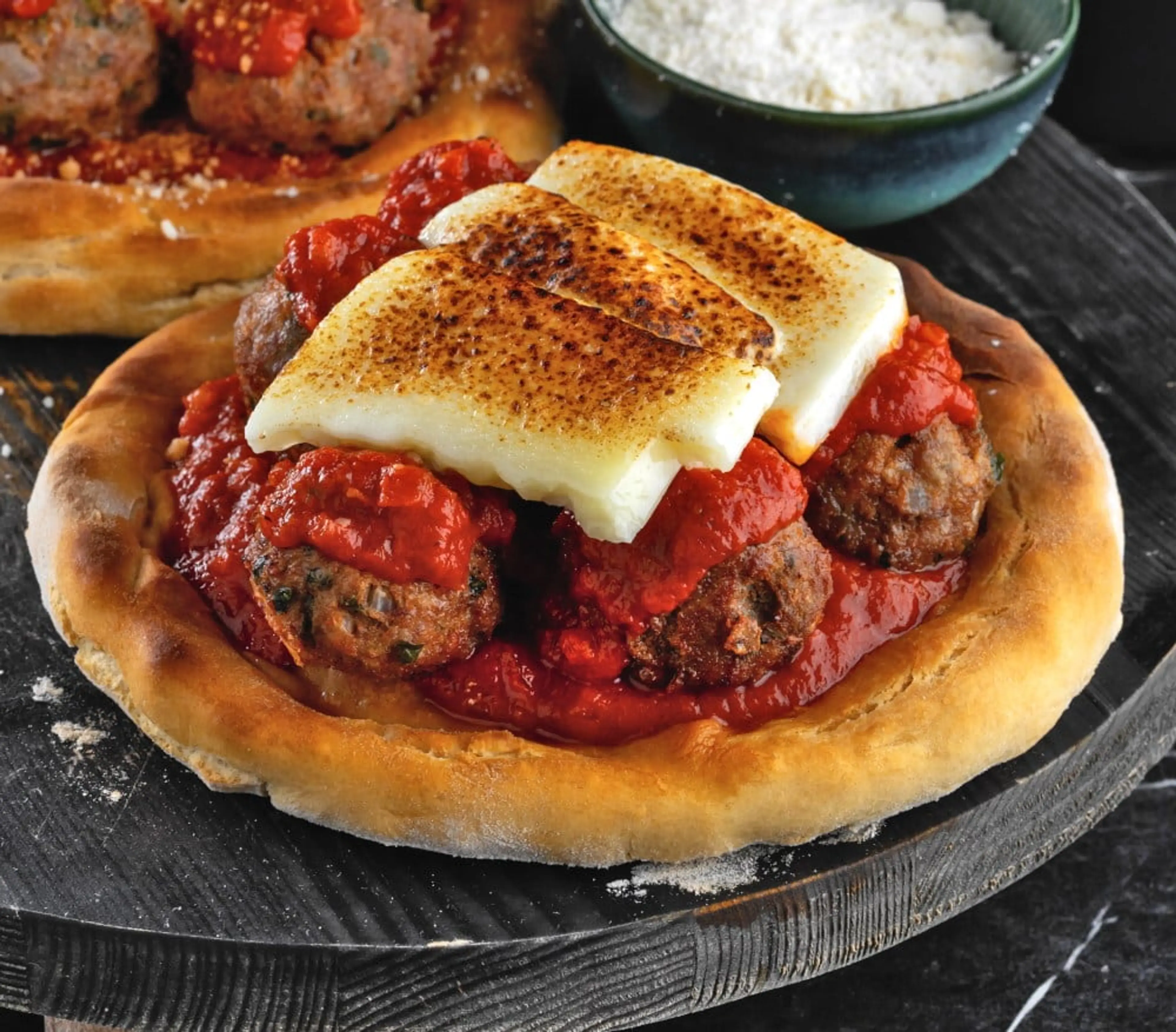Baked Meatball Pizza with Homemade Tomato Sauce & Cheese