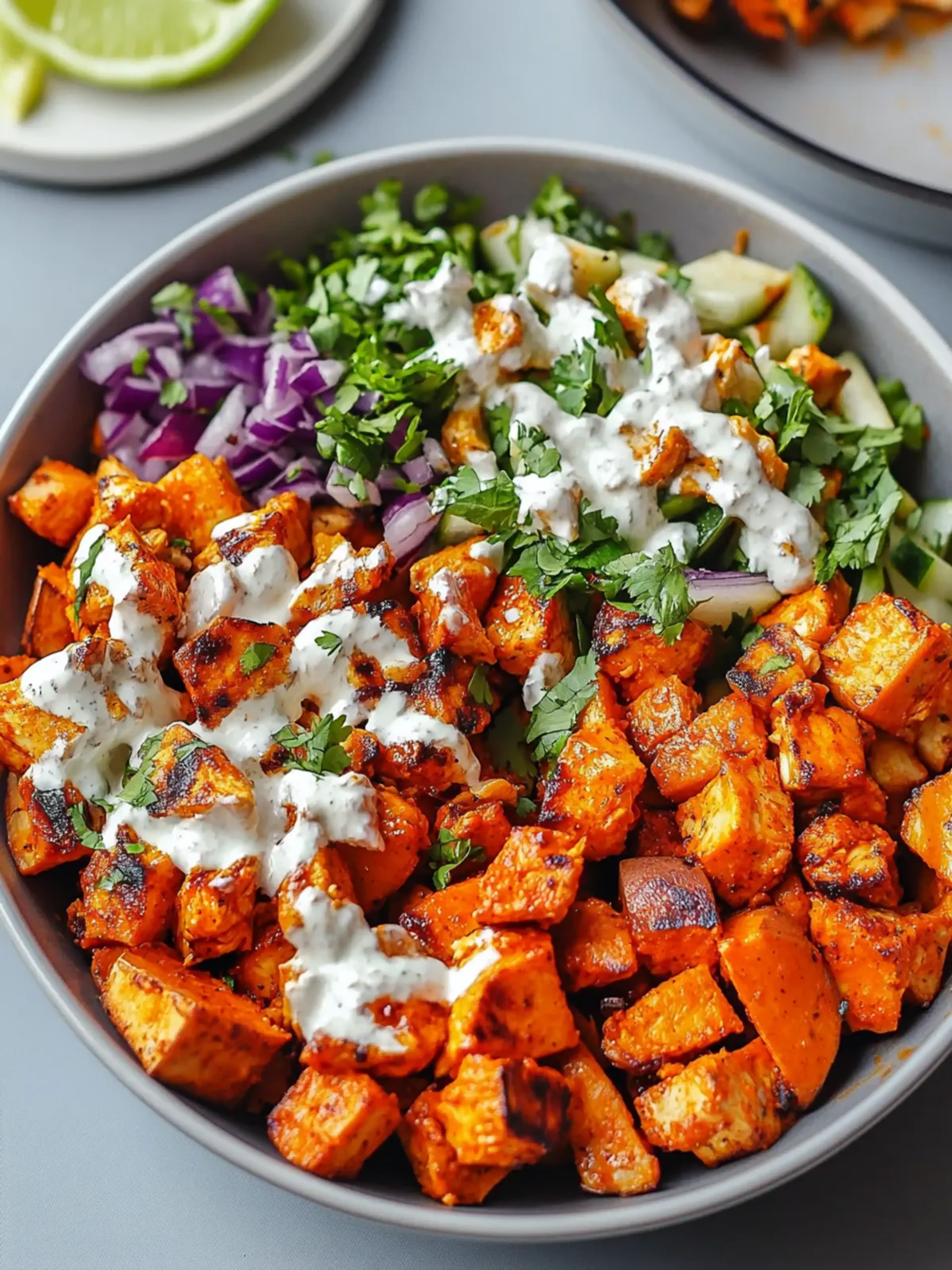 Sheet Pan Buffalo Chicken and Sweet Potato Bowls