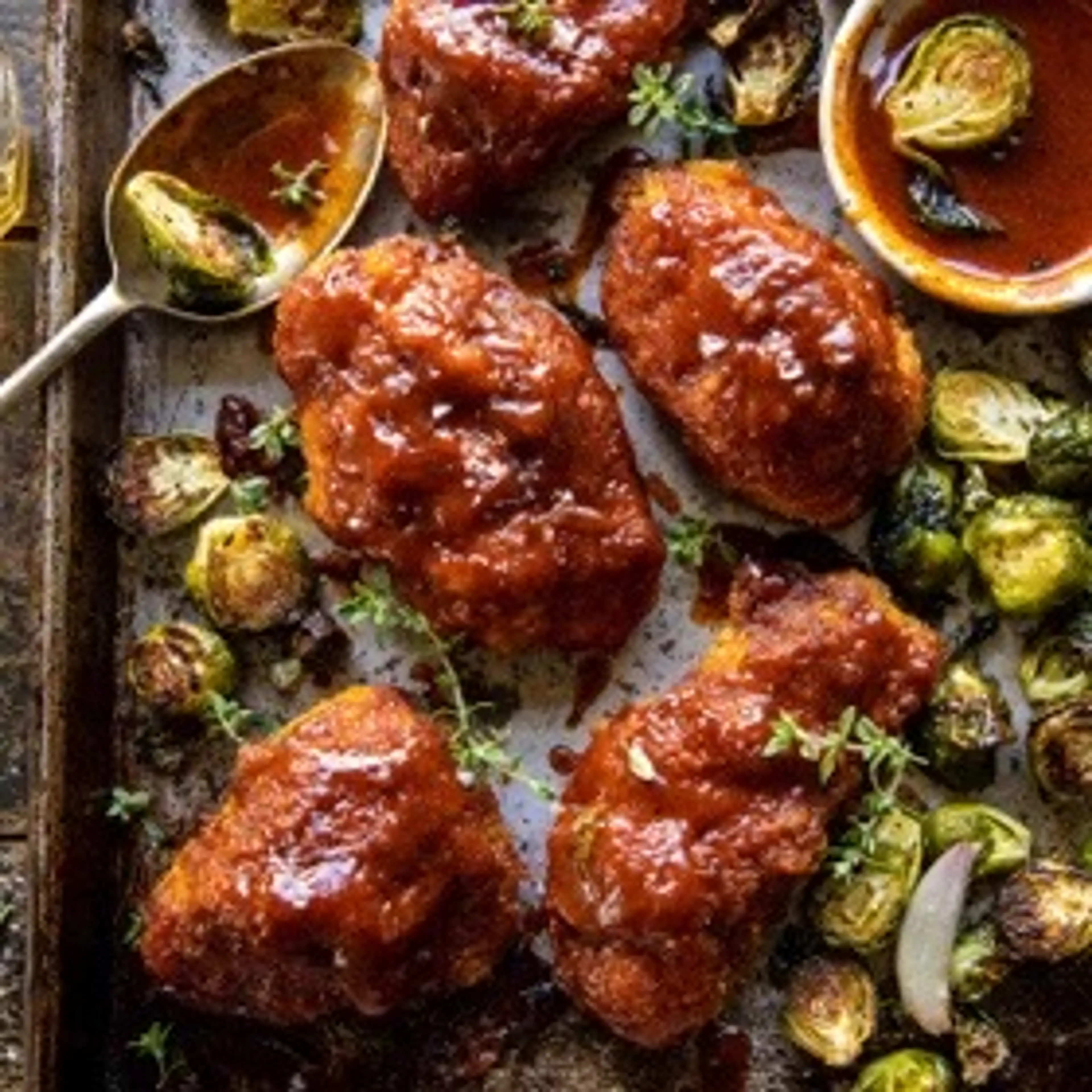 Sheet Pan Hot Honey Mustard Chicken and Crispy Brussels Spro