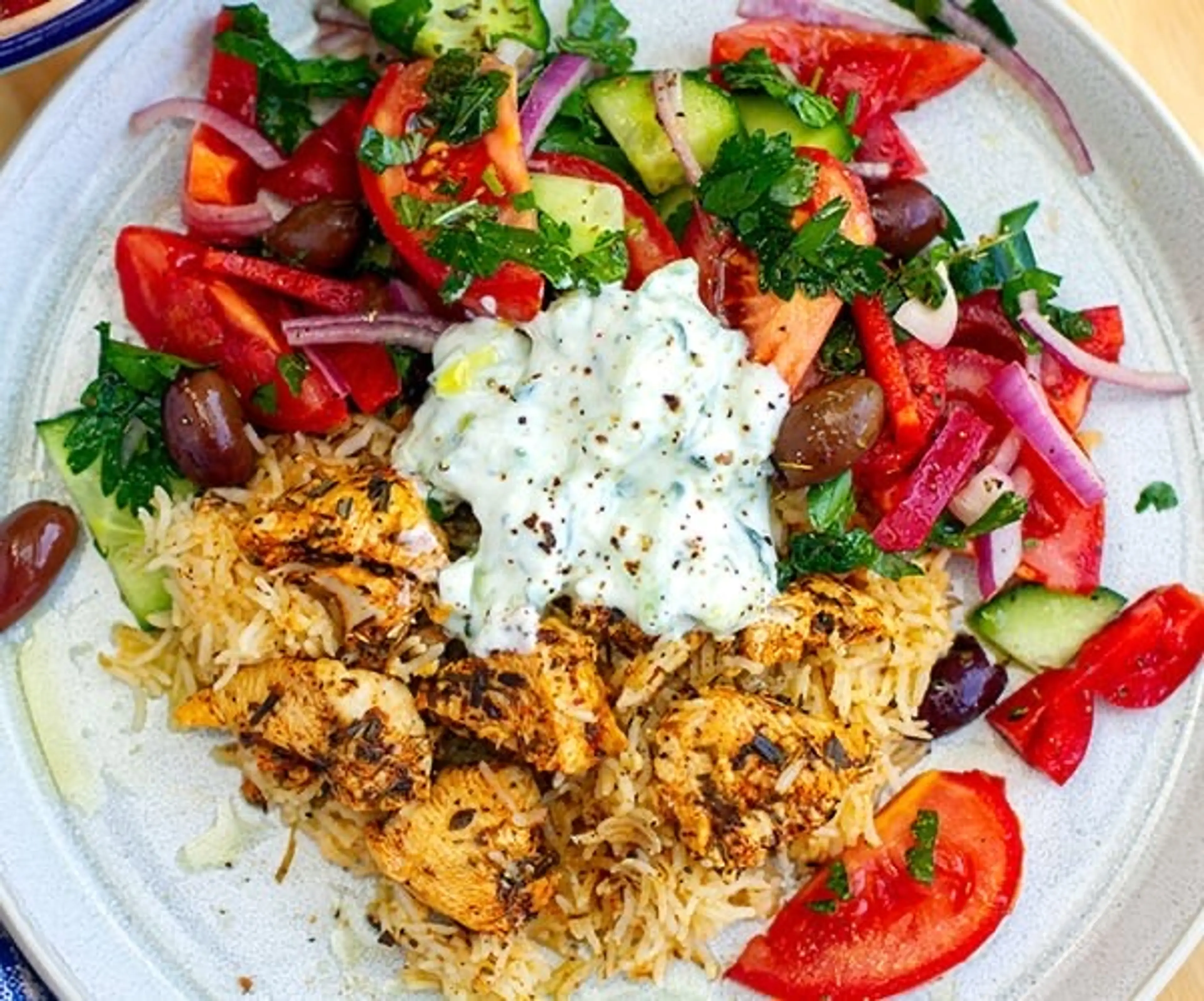 Instant Pot Chicken Souvlaki Rice With Greek Salad & Tzatzik
