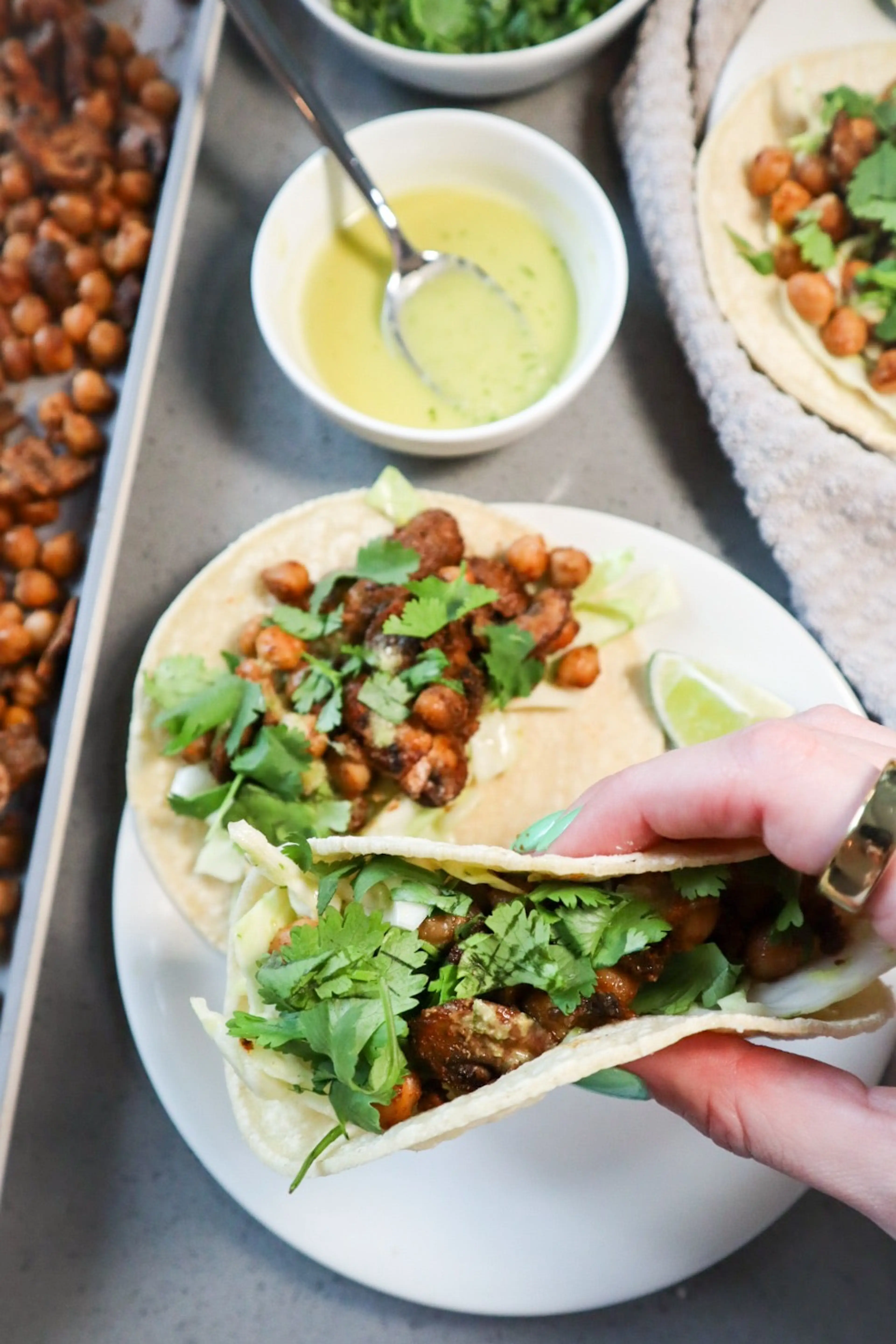 Roasted Chickpea and Mushroom Tacos with Jalapeño Lime Slaw