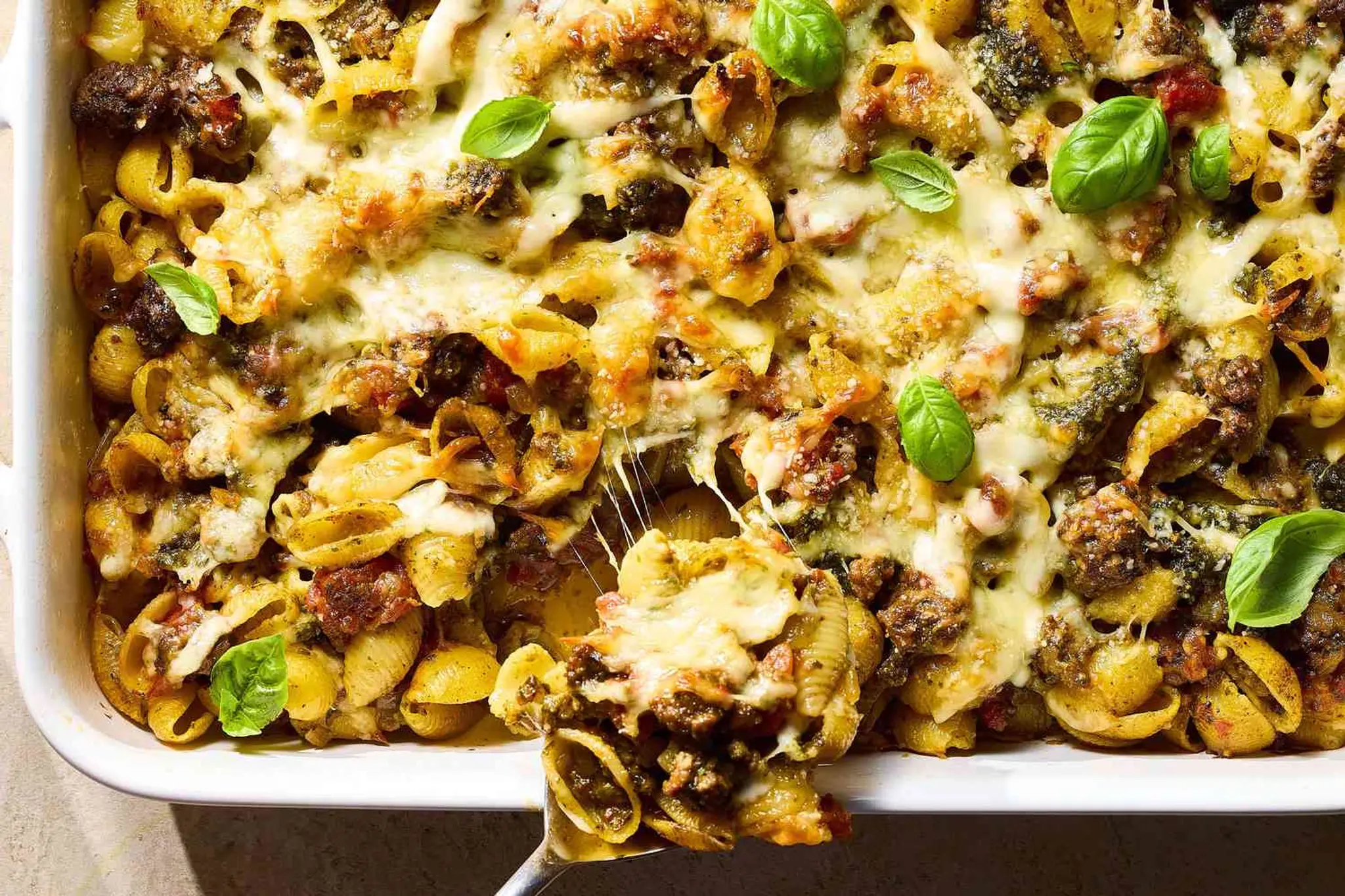 Baked Shells with Pesto, Mozzarella, and Meat Sauce