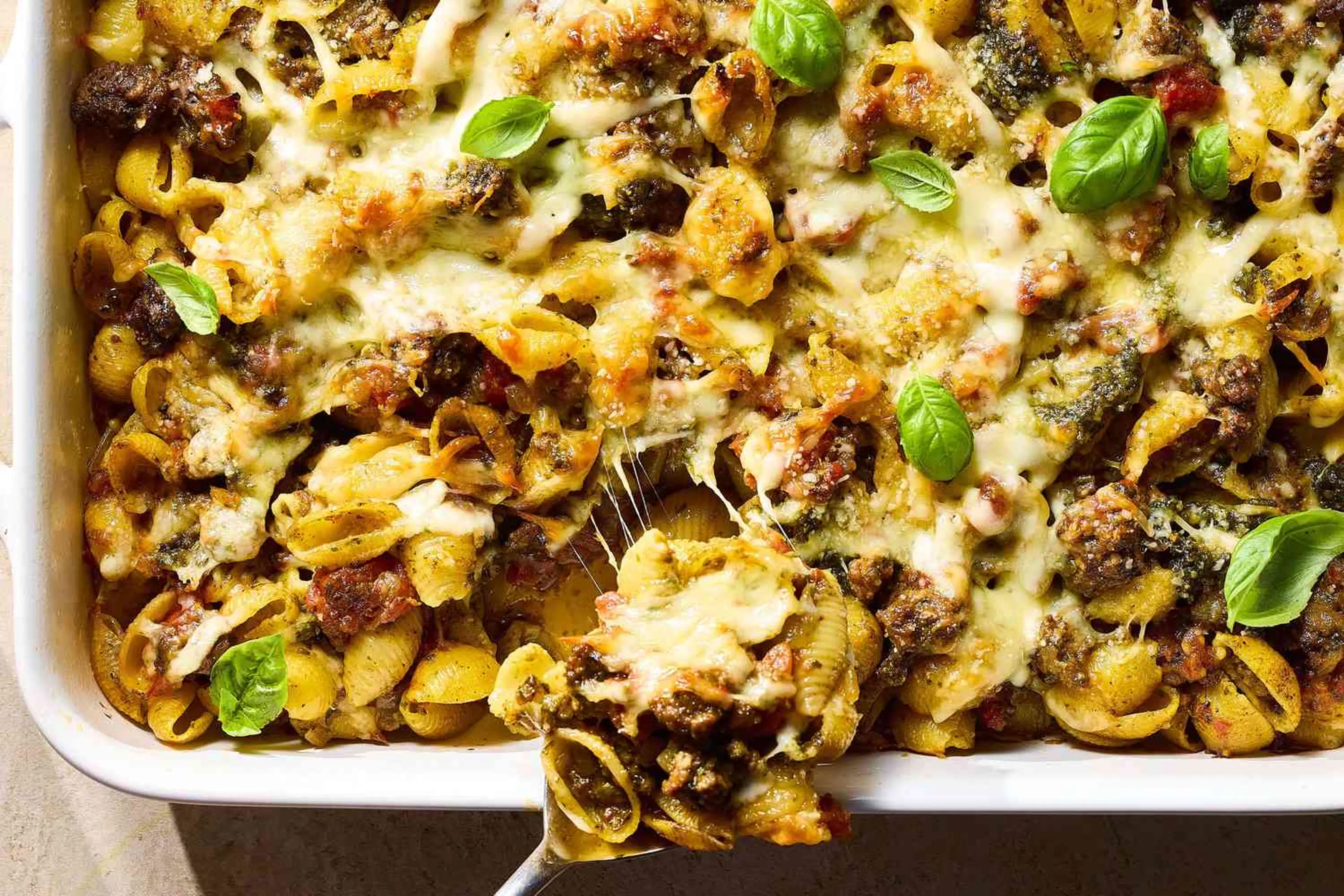 Baked Shells with Pesto, Mozzarella, and Meat Sauce