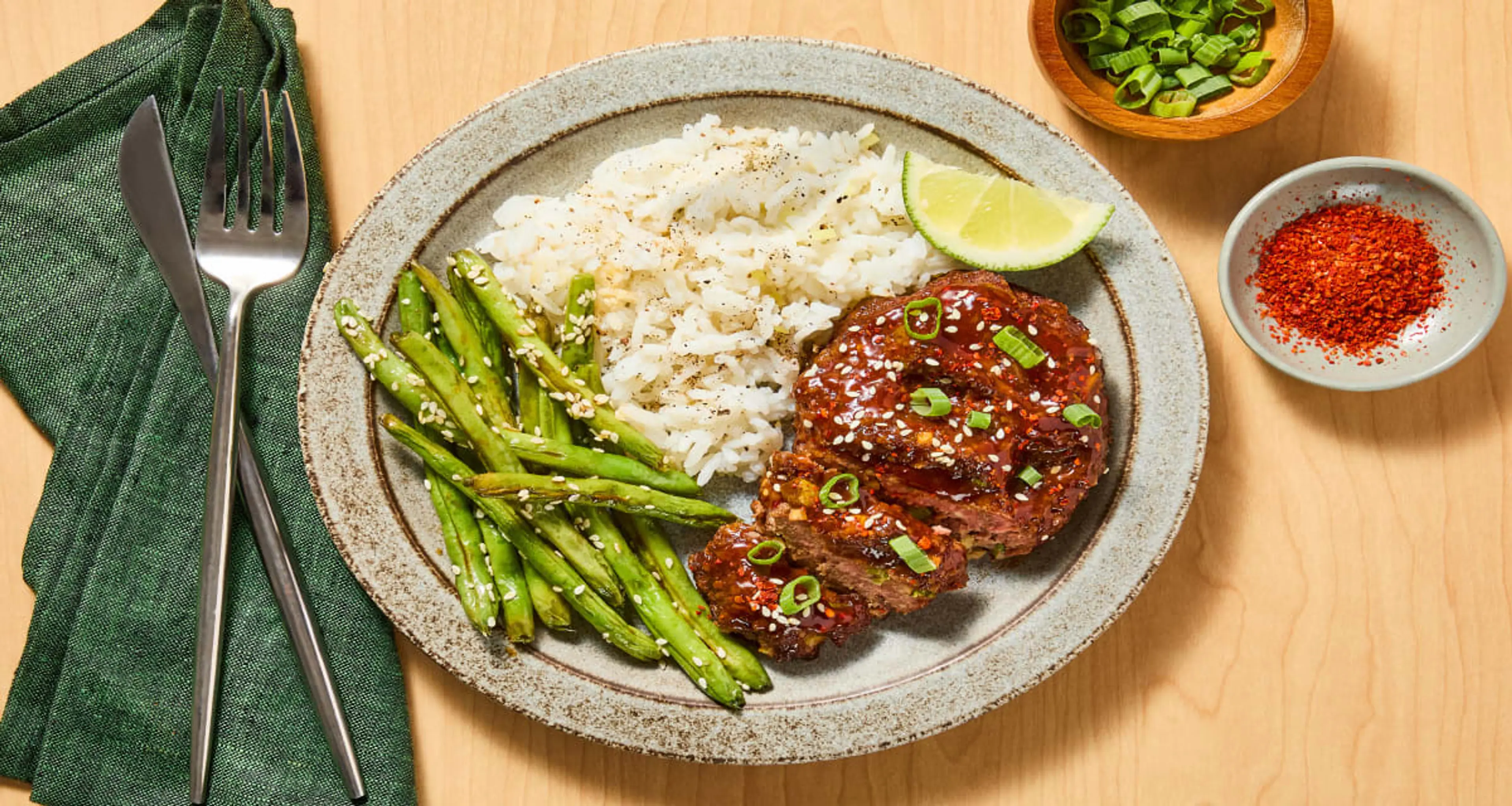 Meatloaves with a Sweet Chili Glaze with Sesame Ponzu Green