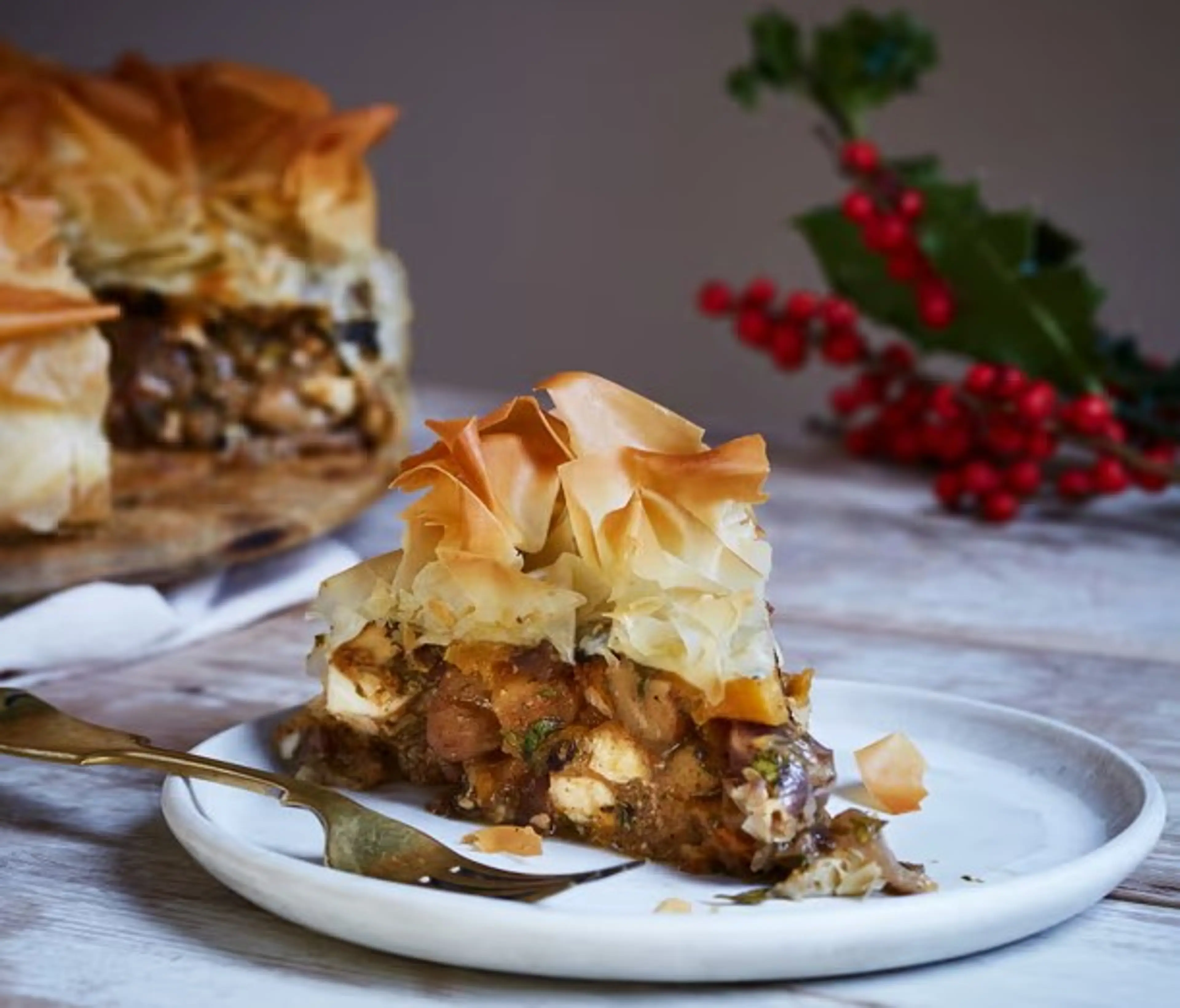 Spiced chestnut and squash filo pie with feta