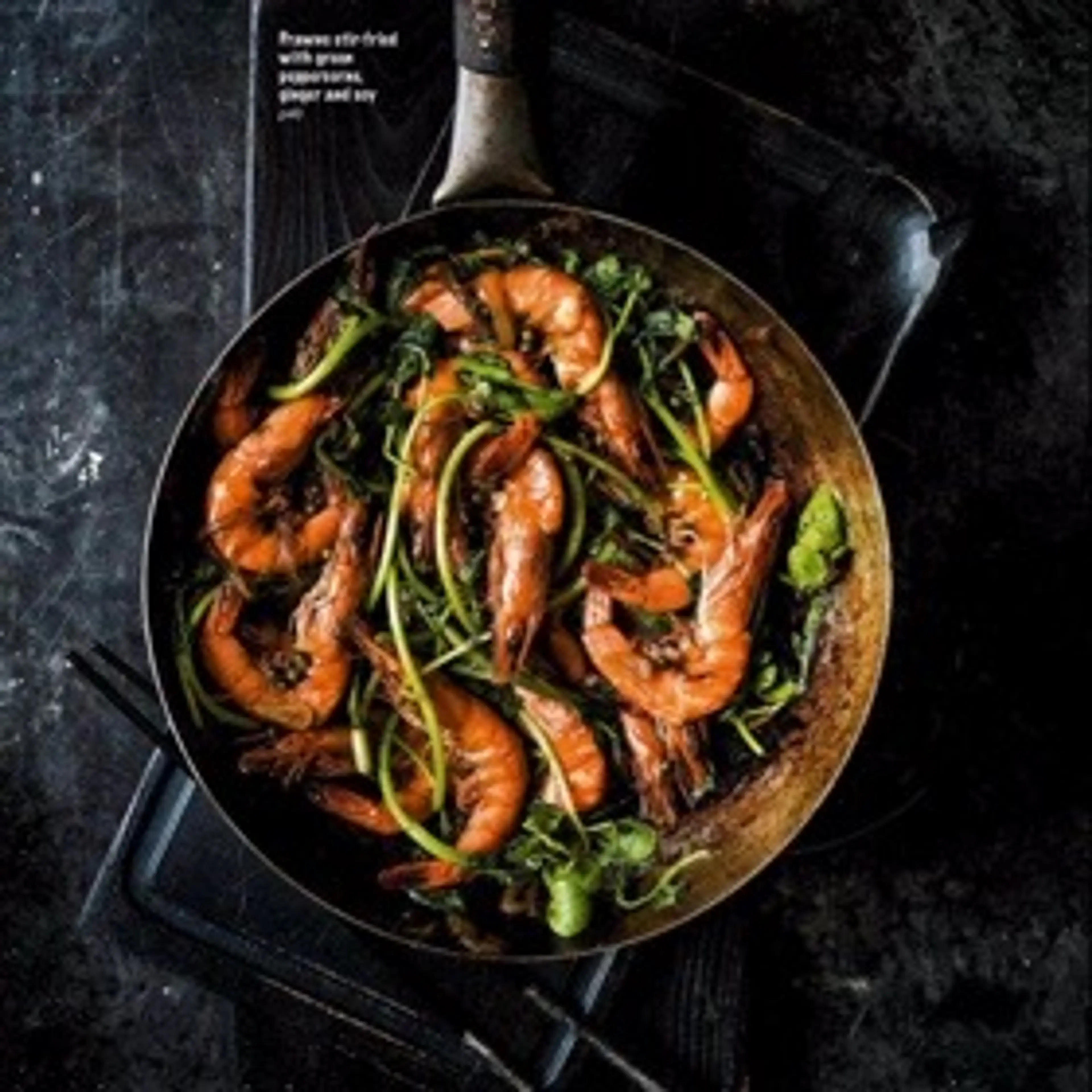 Prawns stir-fried with green peppercorns, ginger and soy