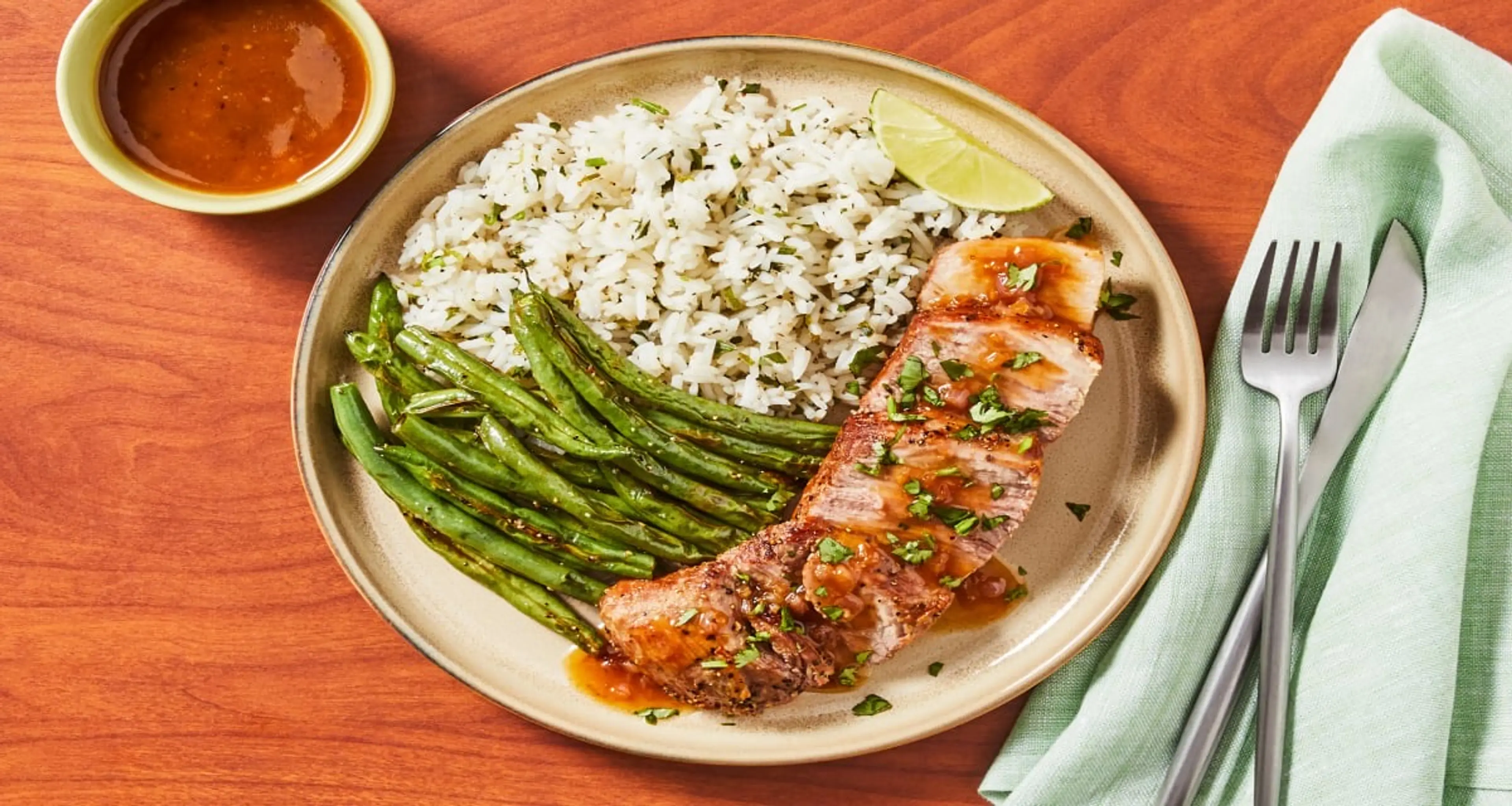 Sweet Thai Chili Pork with Zesty Rice & Roasted Green Bea
