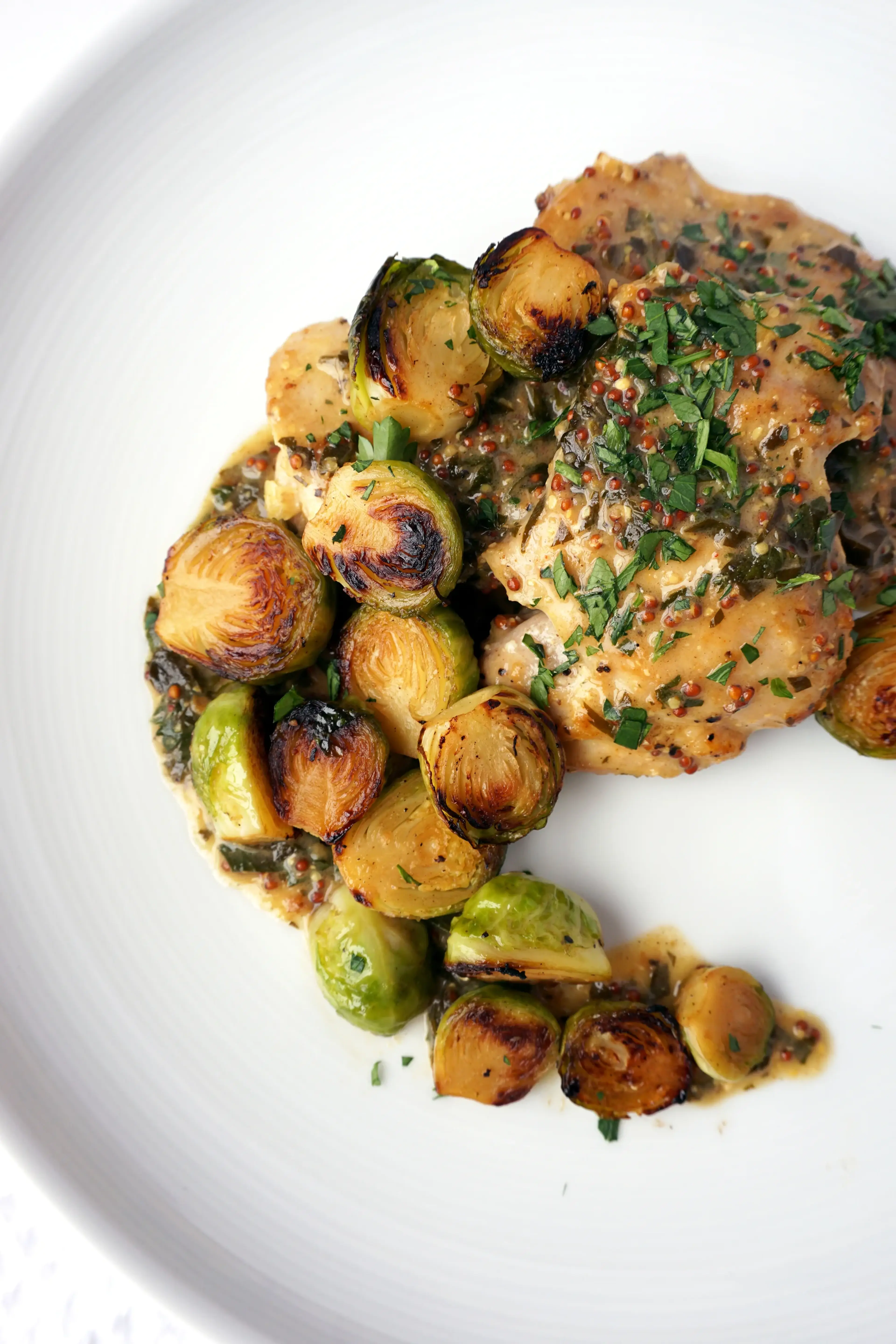 Chicken Thighs and Brussels Sprouts with Mustard Sauce