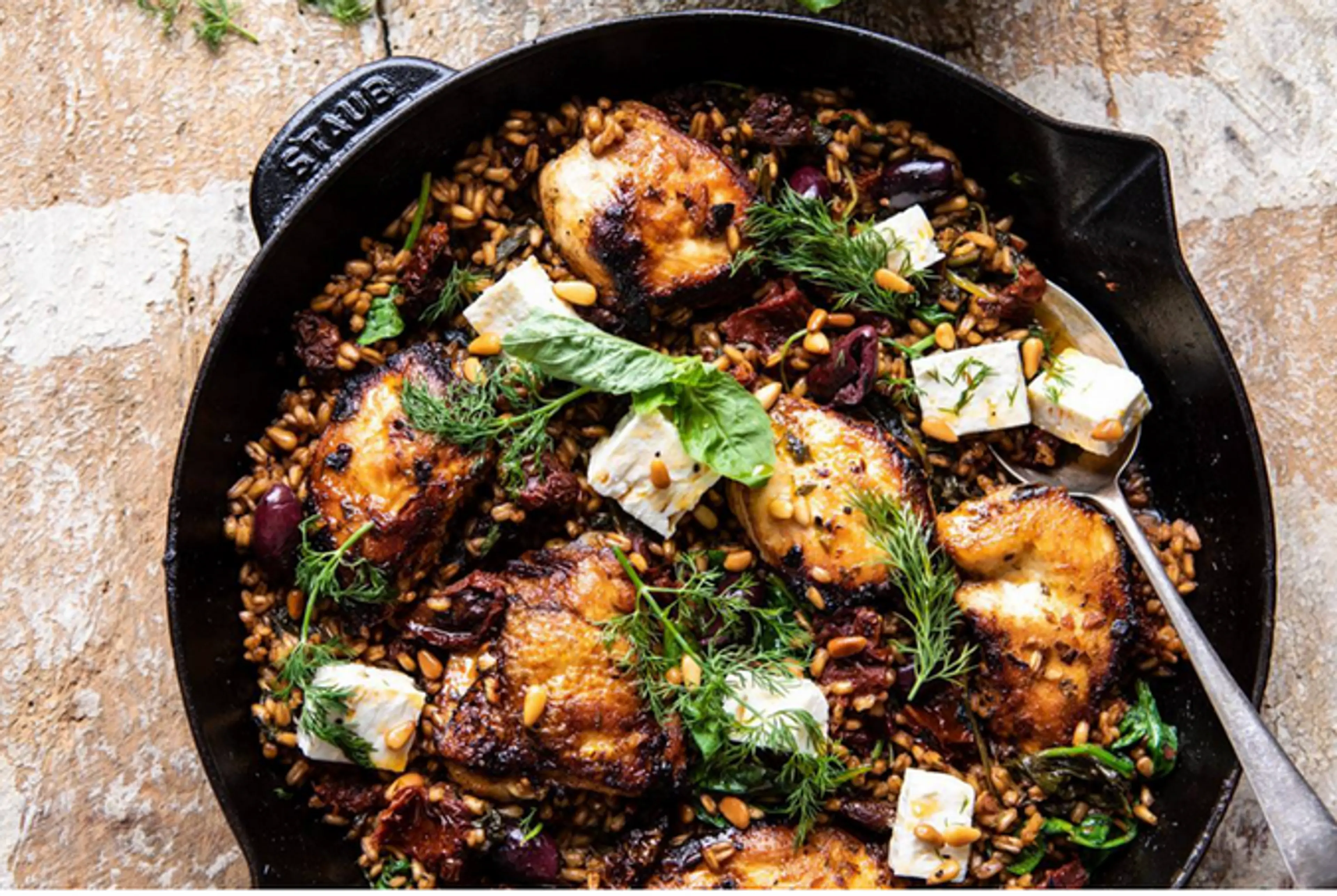 One Skillet Greek Sun-Dried Tomato Chicken and Farro