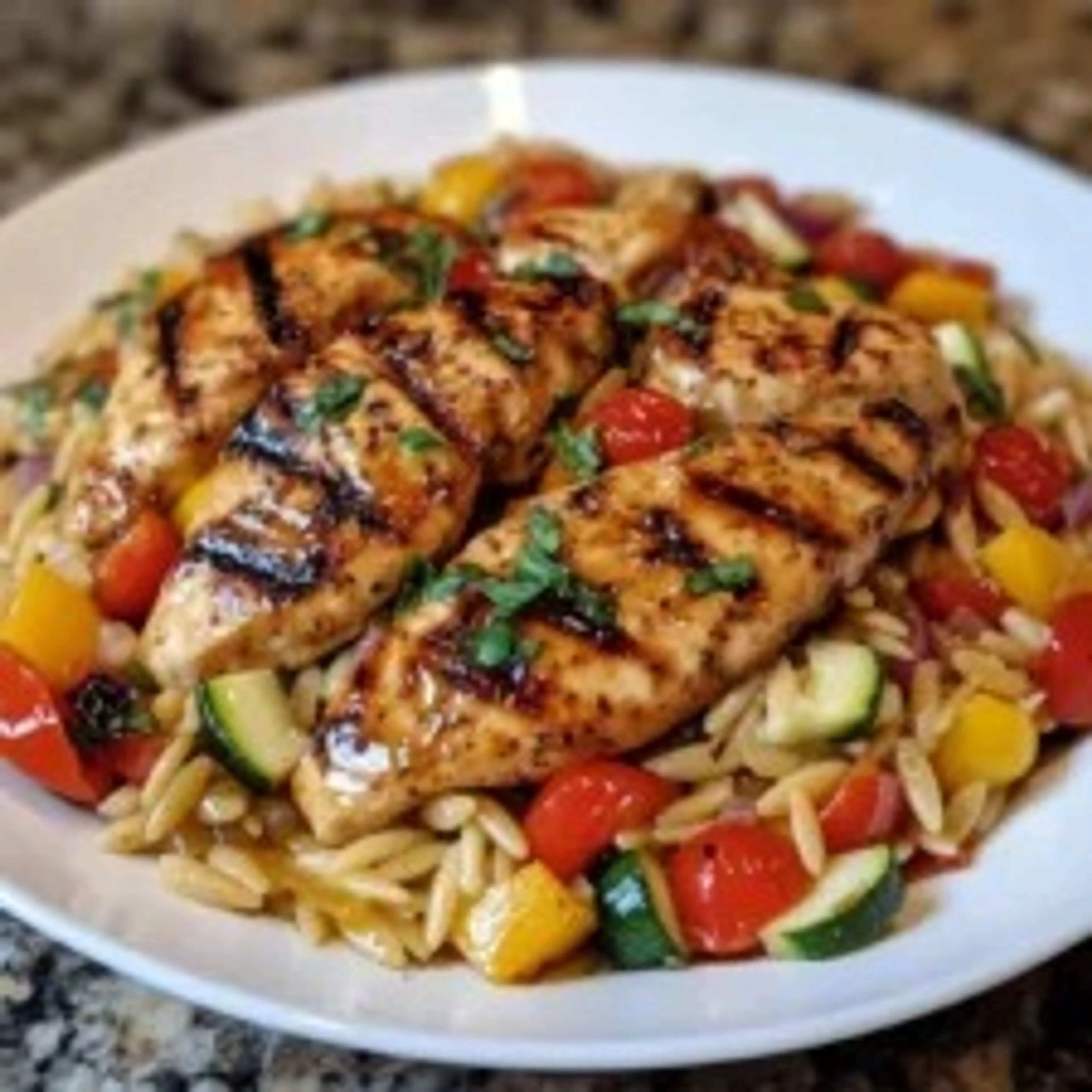 Easy Balsamic Chicken & Veggie Orzo