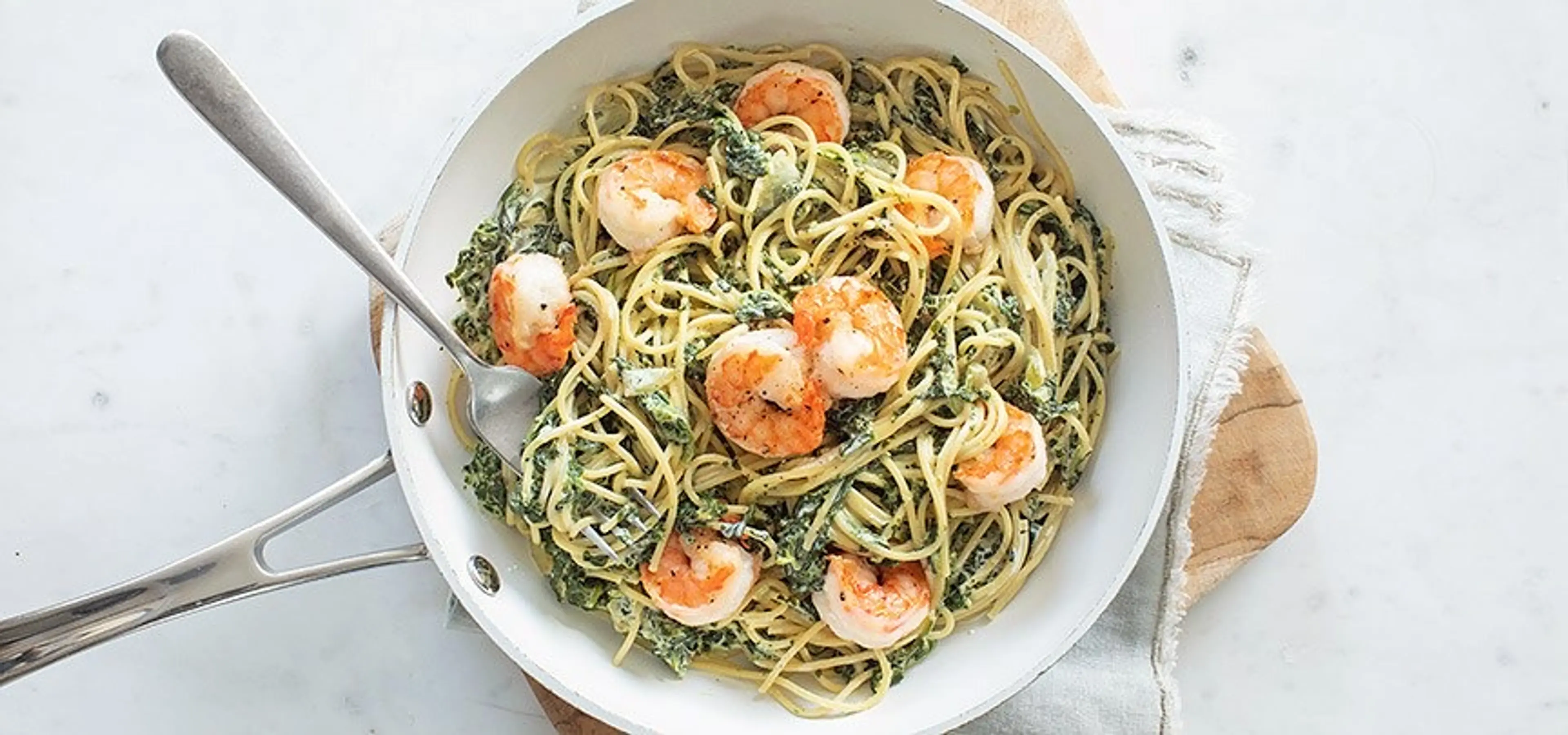 Pasta met garnalen en spinazie