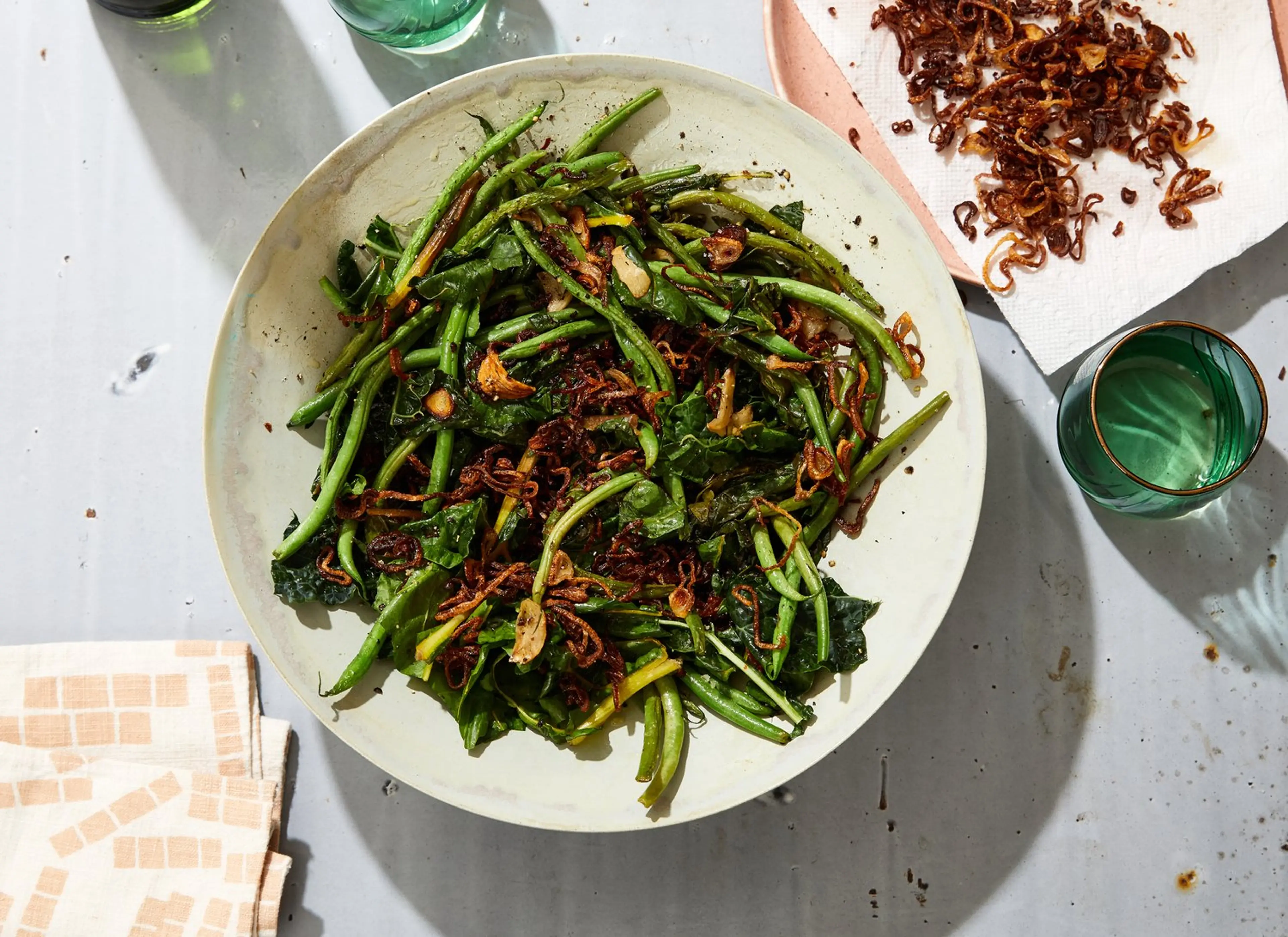 Green Beans and Greens With Fried Shallots
