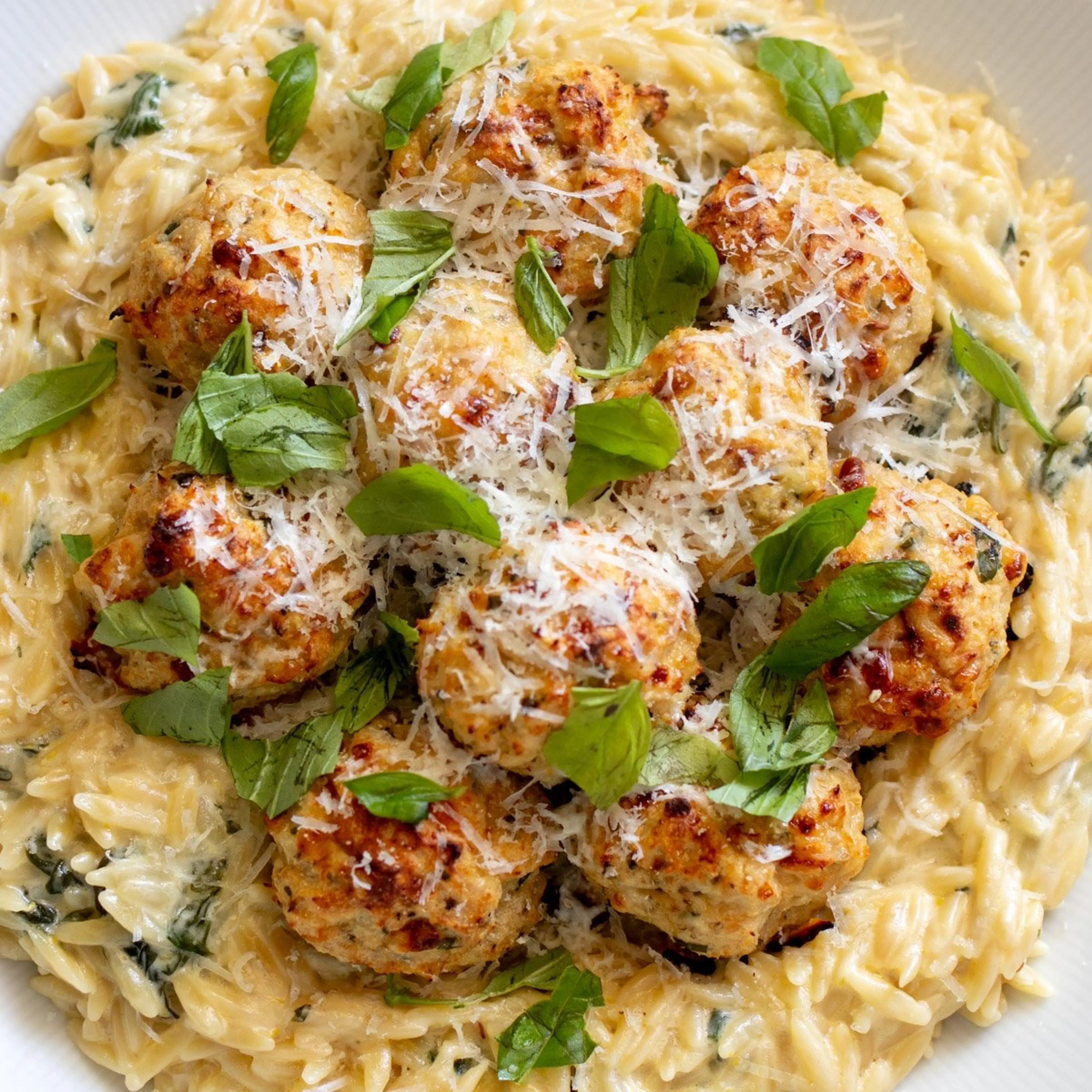 Baked Chicken Ricotta Meatballs with Creamy Spinach Orzo