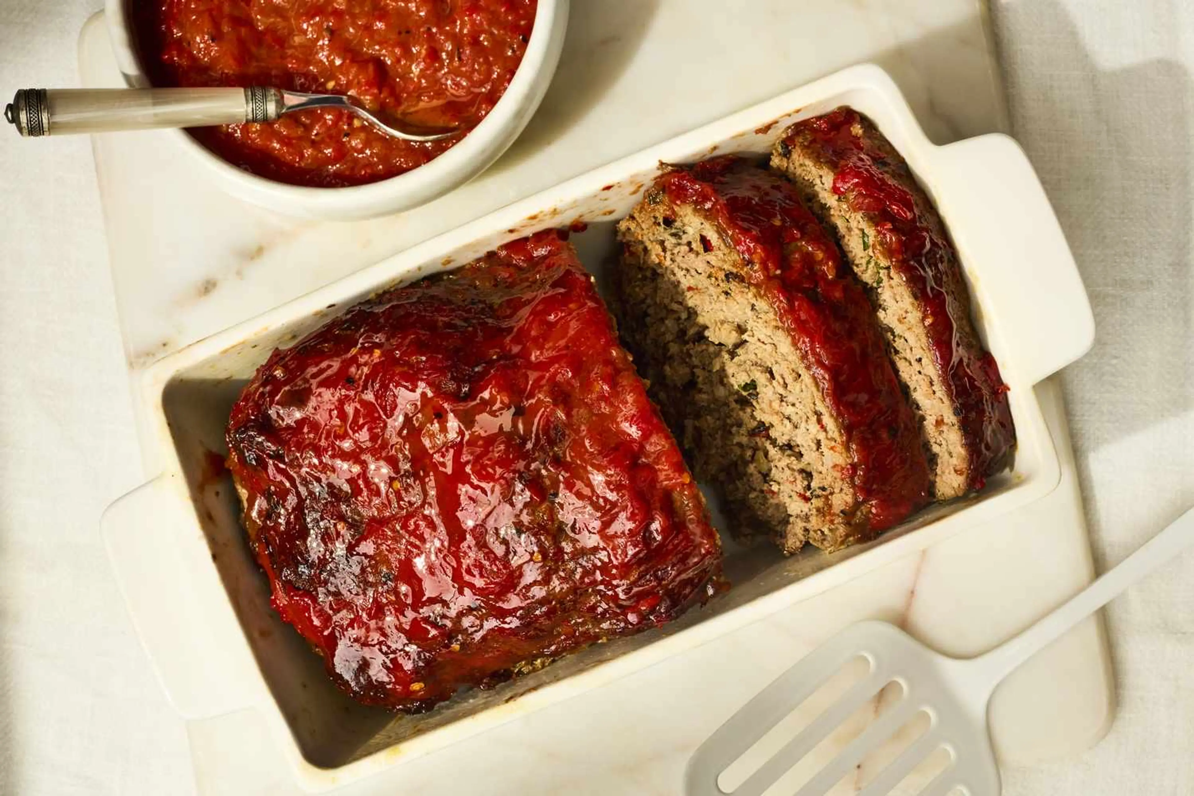 Umami Meatloaf with Red Pepper–Tomato Sauce