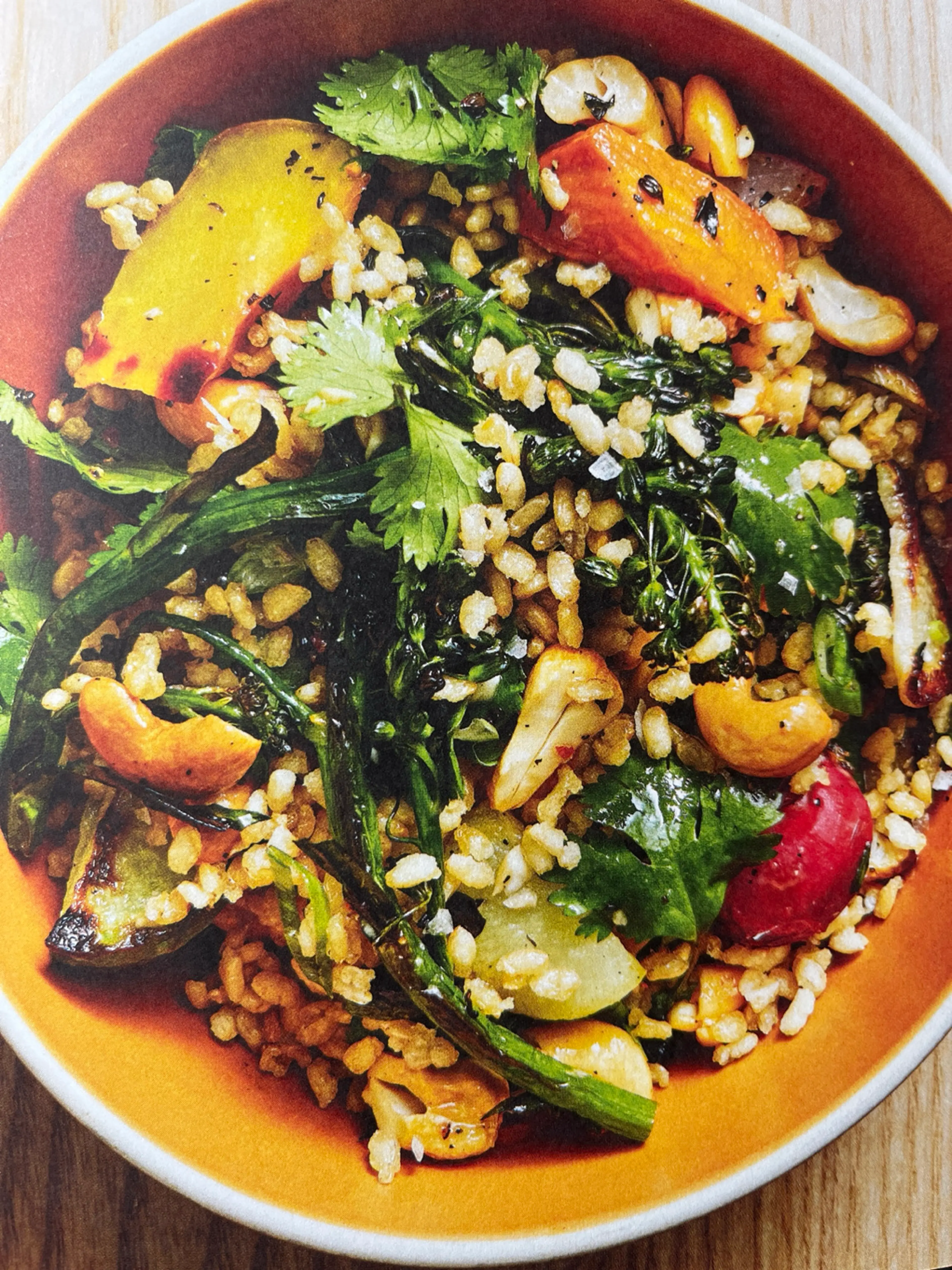 Crispy Brown Rice with Deeply Roasted Broccoli, Carrots, and