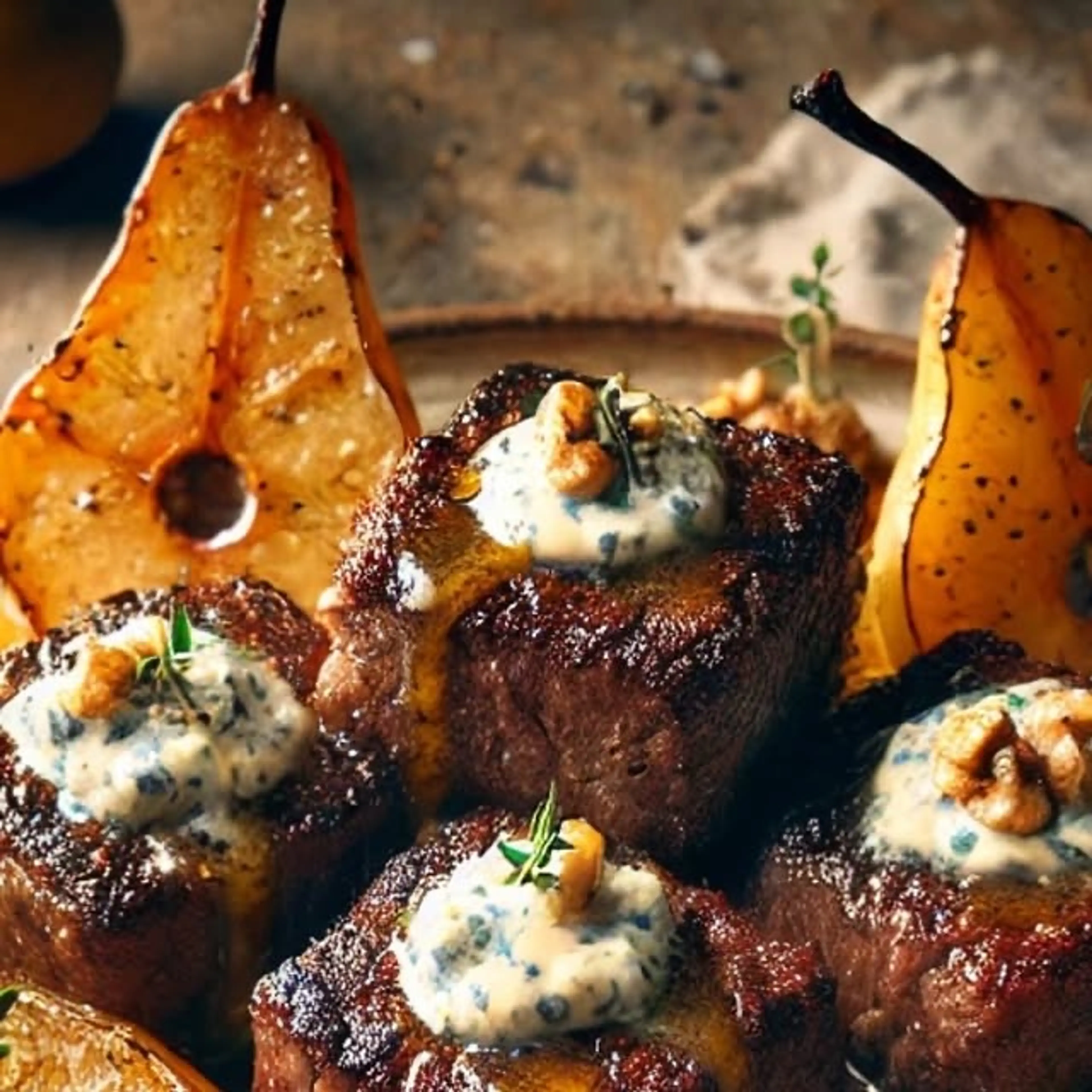 Steak Cubes with Gorgonzola Cream & Caramelized Pears