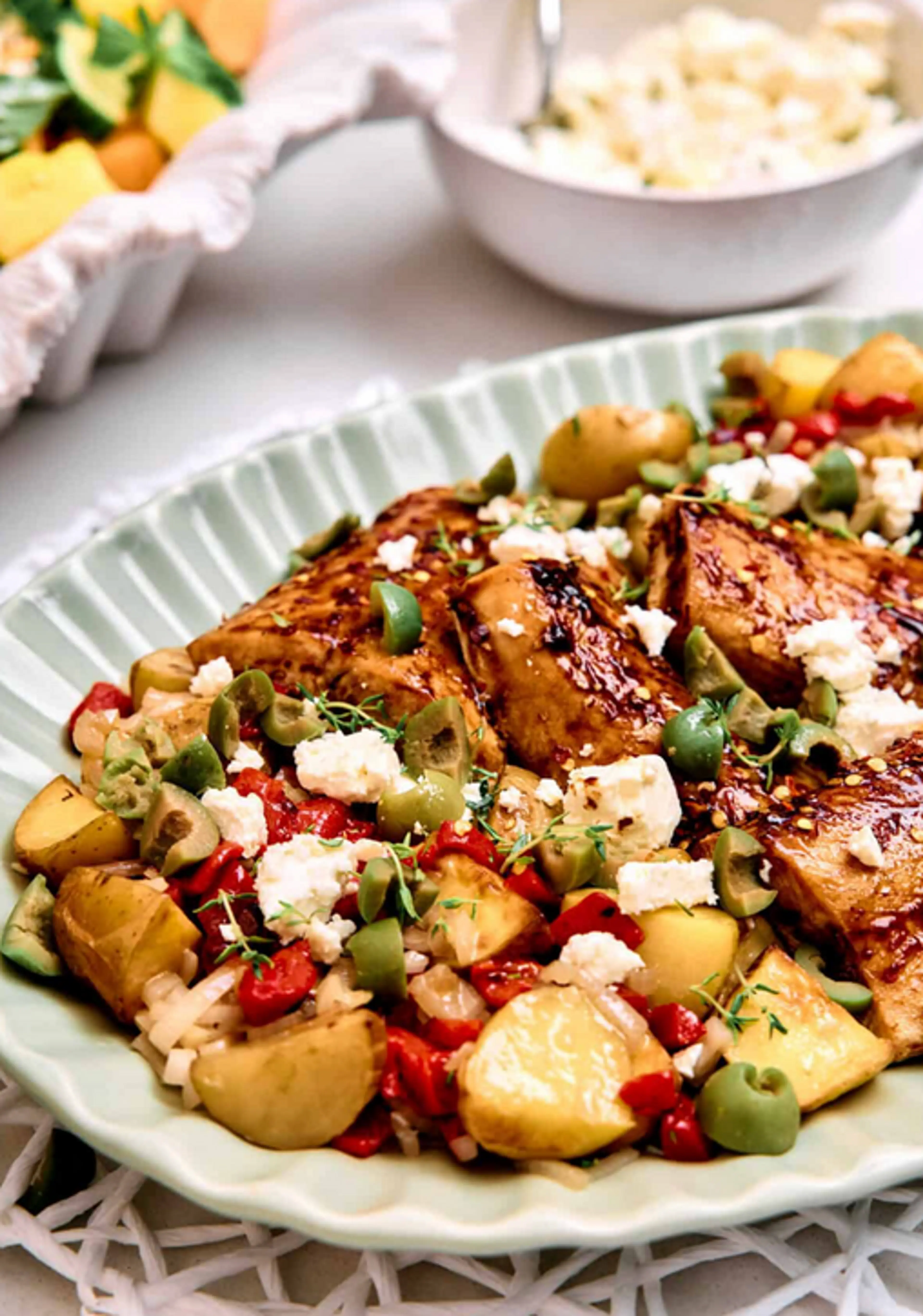 Sheet Pan Mahi Mahi and Potatoes with Feta Olive Dressing