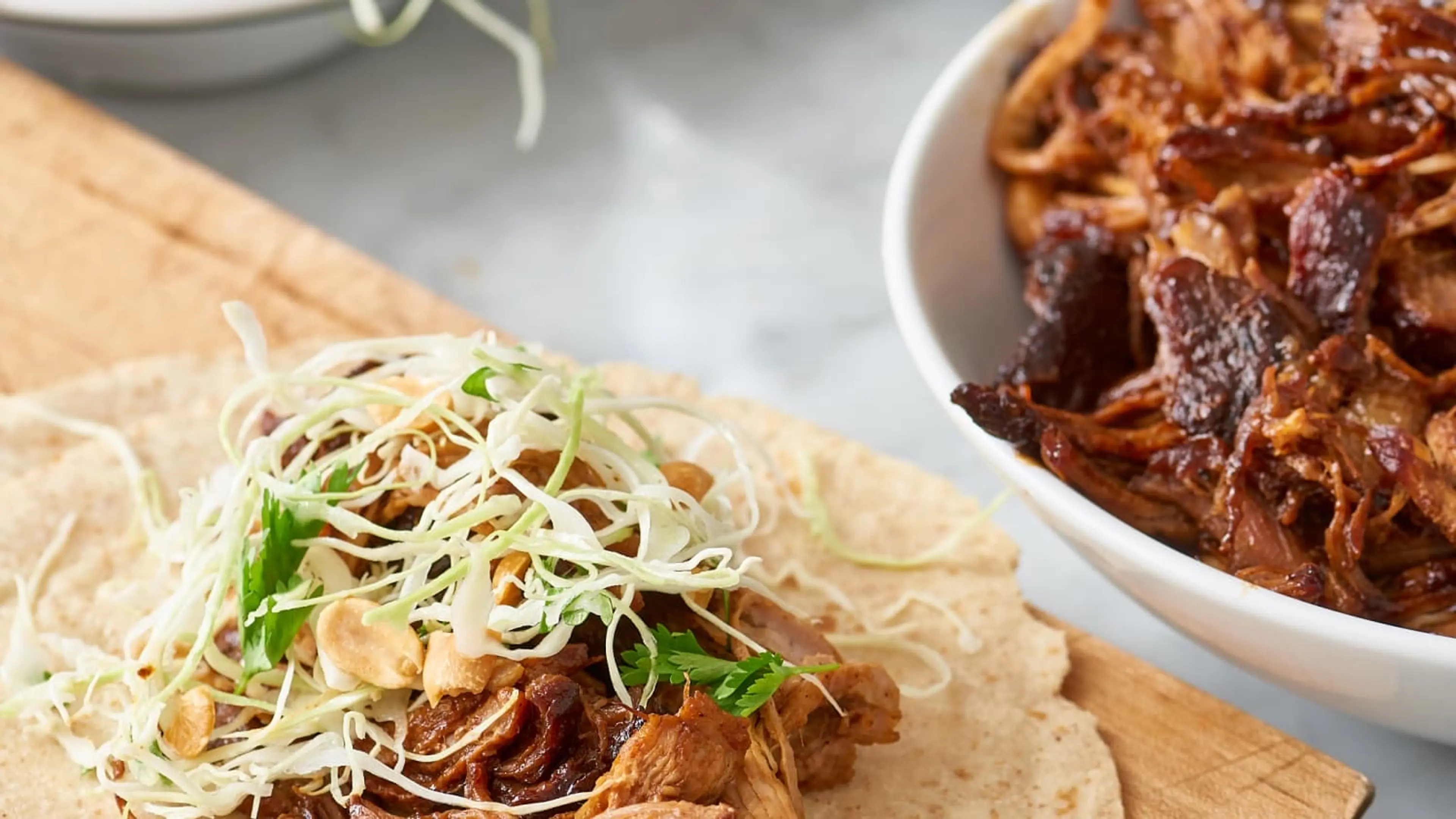 Slow-Cooked Hoisin and Ginger Pork Wraps with Peanut Slaw