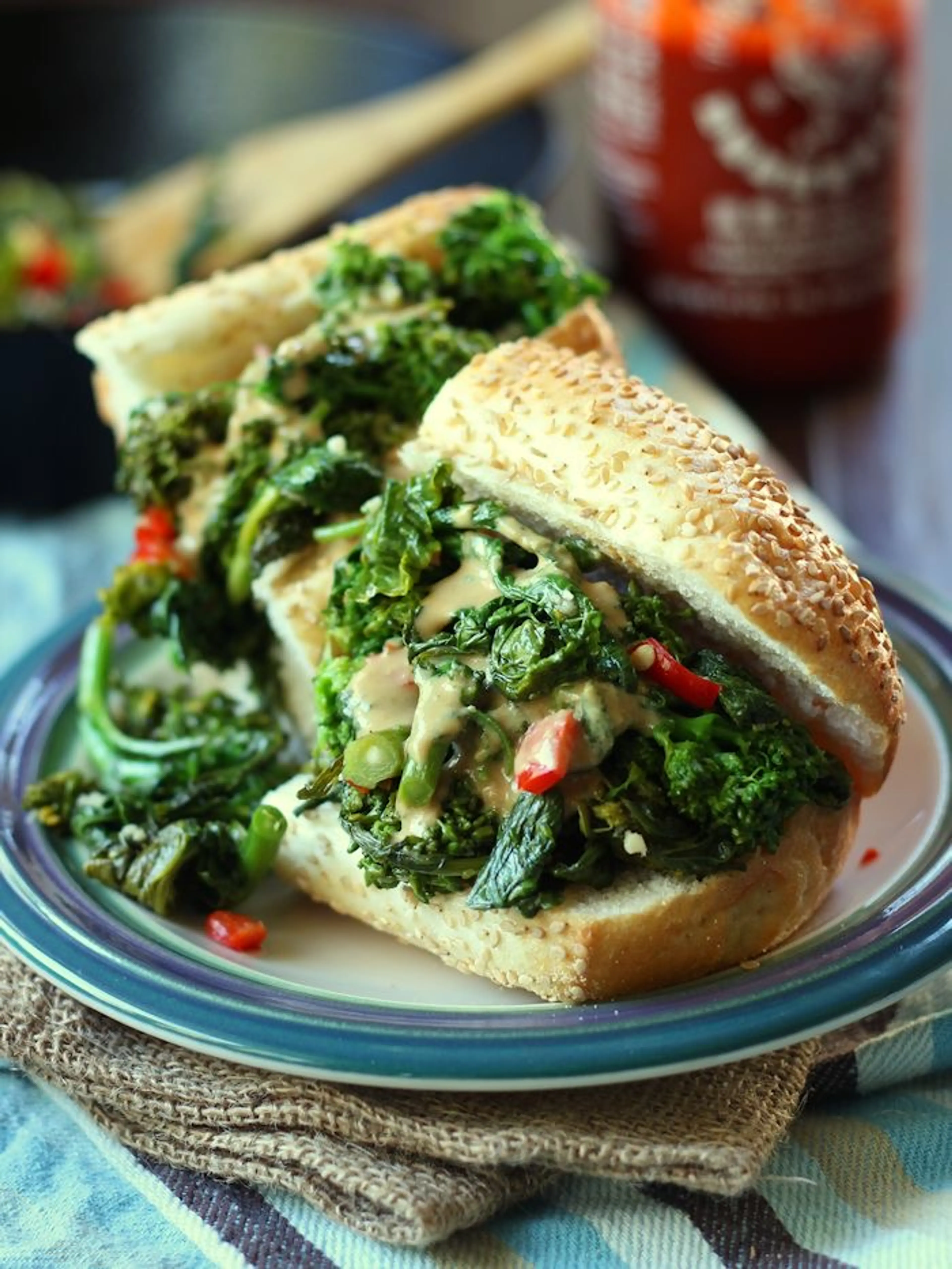 Hot Garlicky Broccoli Rabe Sandwich with Smoky Tahini Cheese