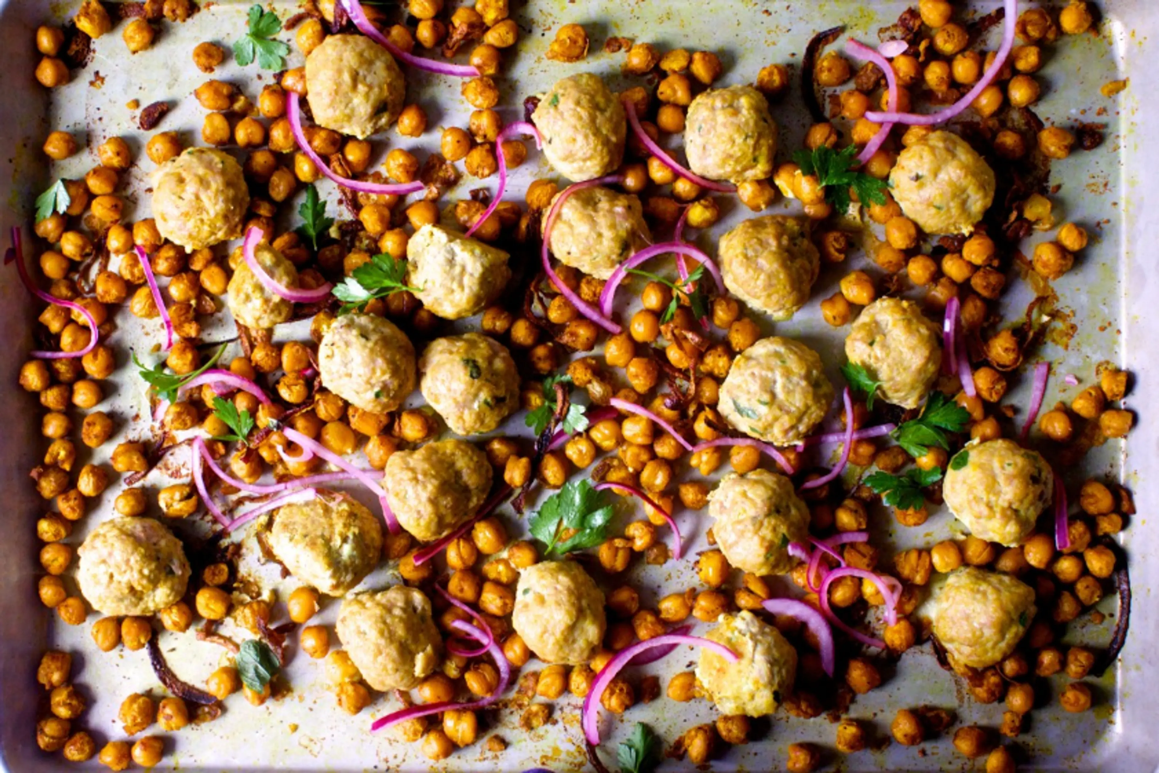 Sheet Pan Meatballs with Chickpeas, Turmeric and Lemon