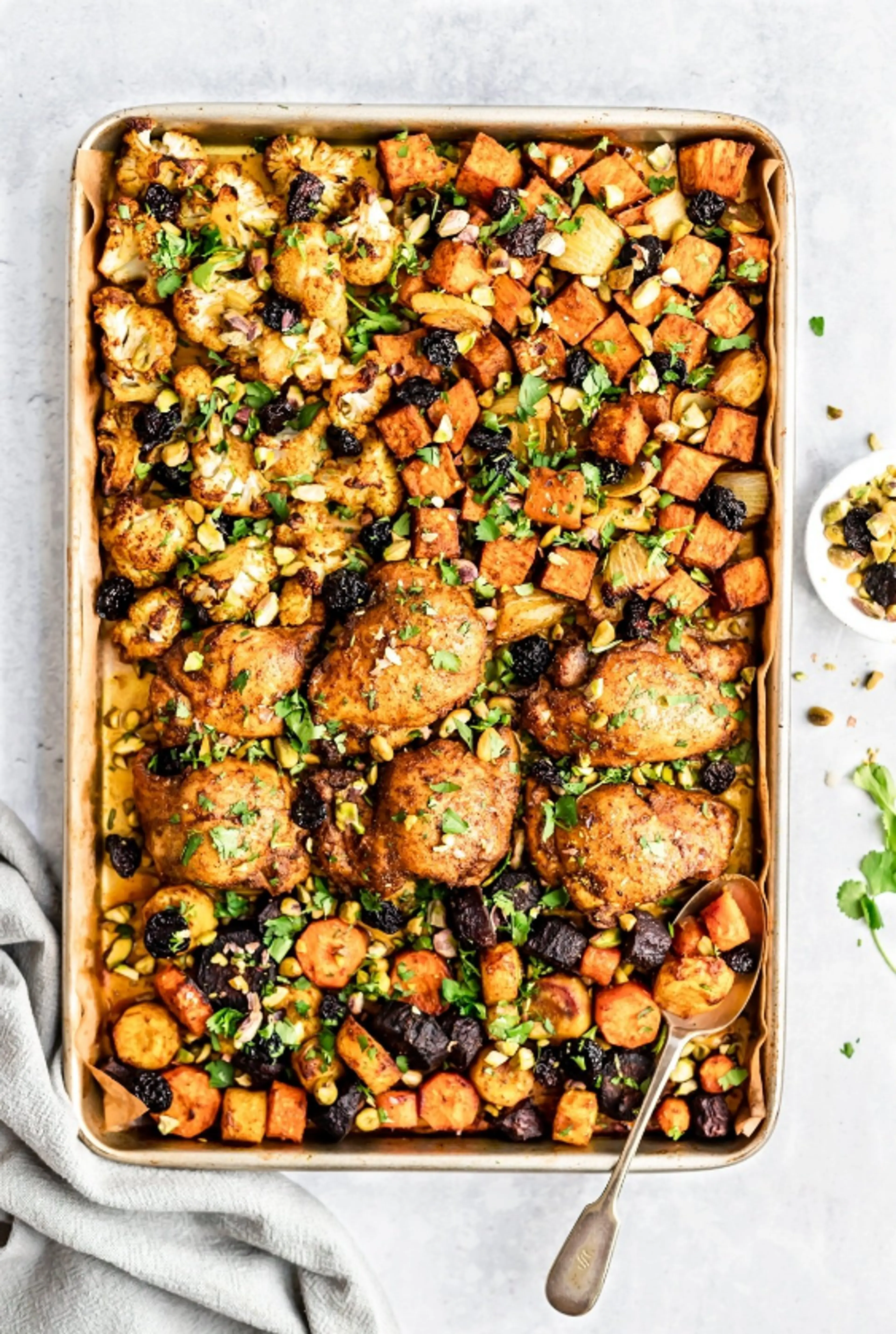 Sheet Pan Moroccan Chicken with Sweet Potatoes & Cauliflower