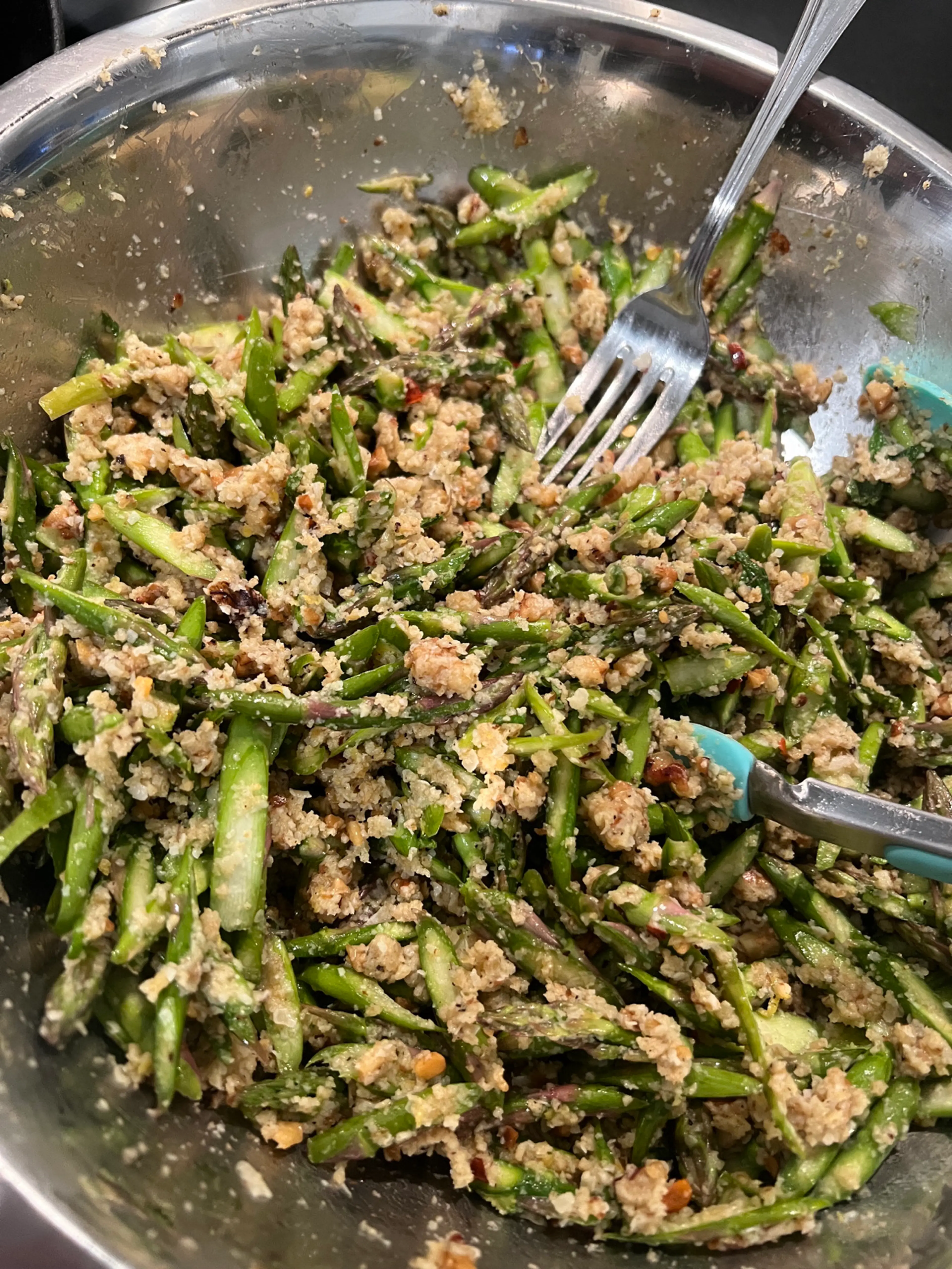 Raw Asparagus Salad with Breadcrumbs, Walnuts, and Mint