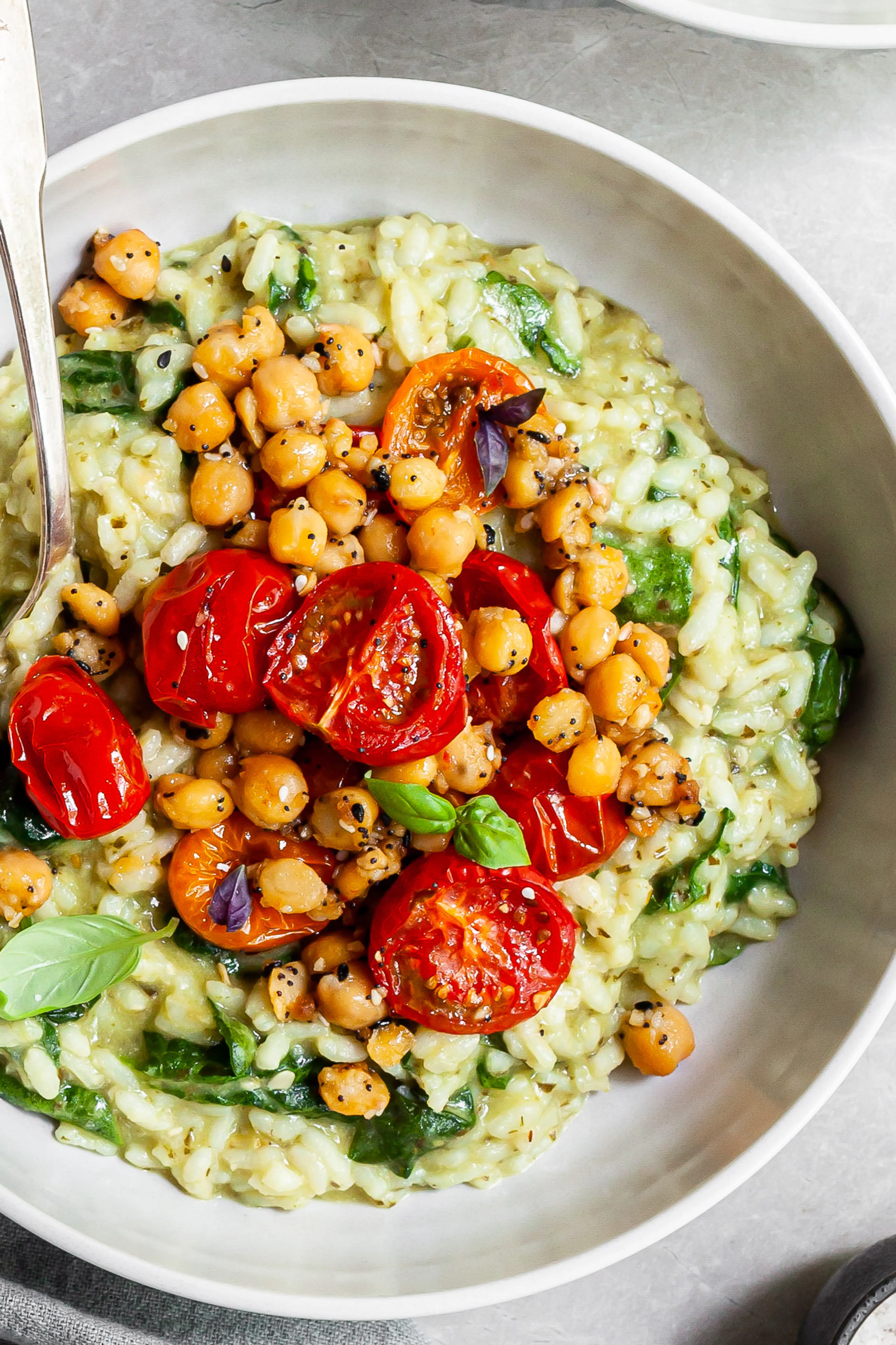 Creamy Pesto Risotto with Roasted Cherry Tomatoes and Spiced