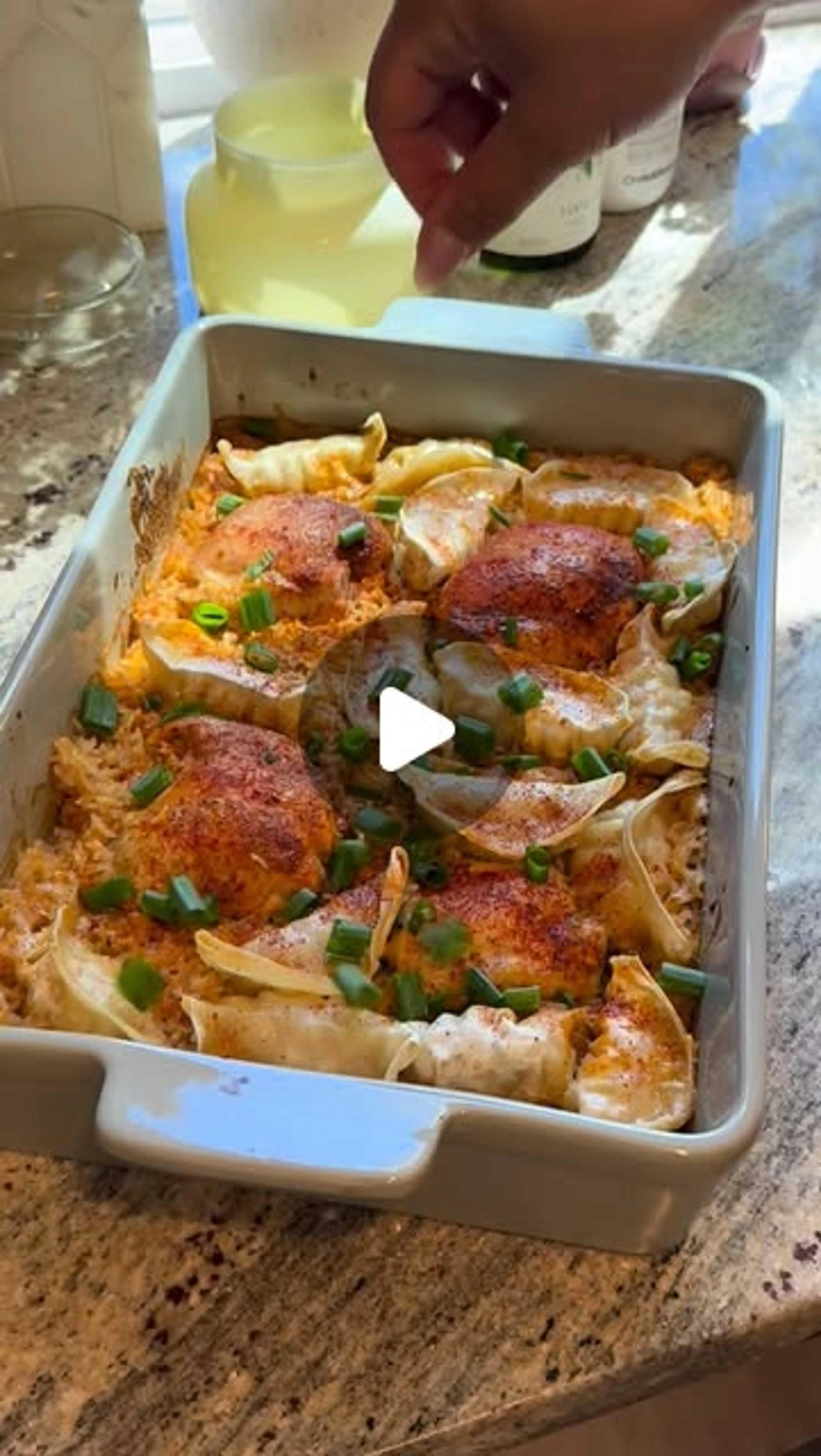 Sticky Soy Chicken + Crispy Potsticker Rice Bake