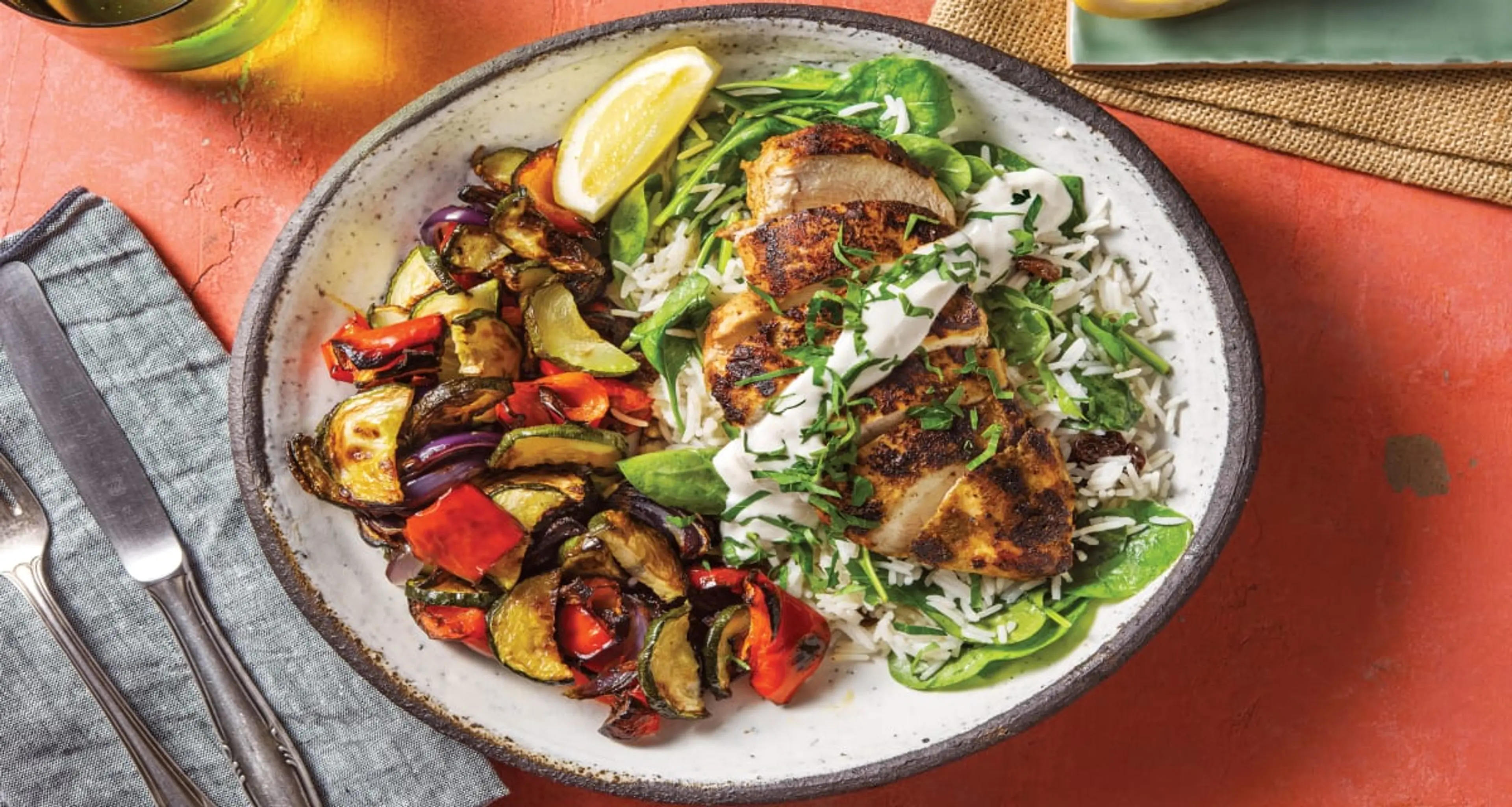 Chermoula Chicken & Roasted Veggies with Currant Rice & Lemo