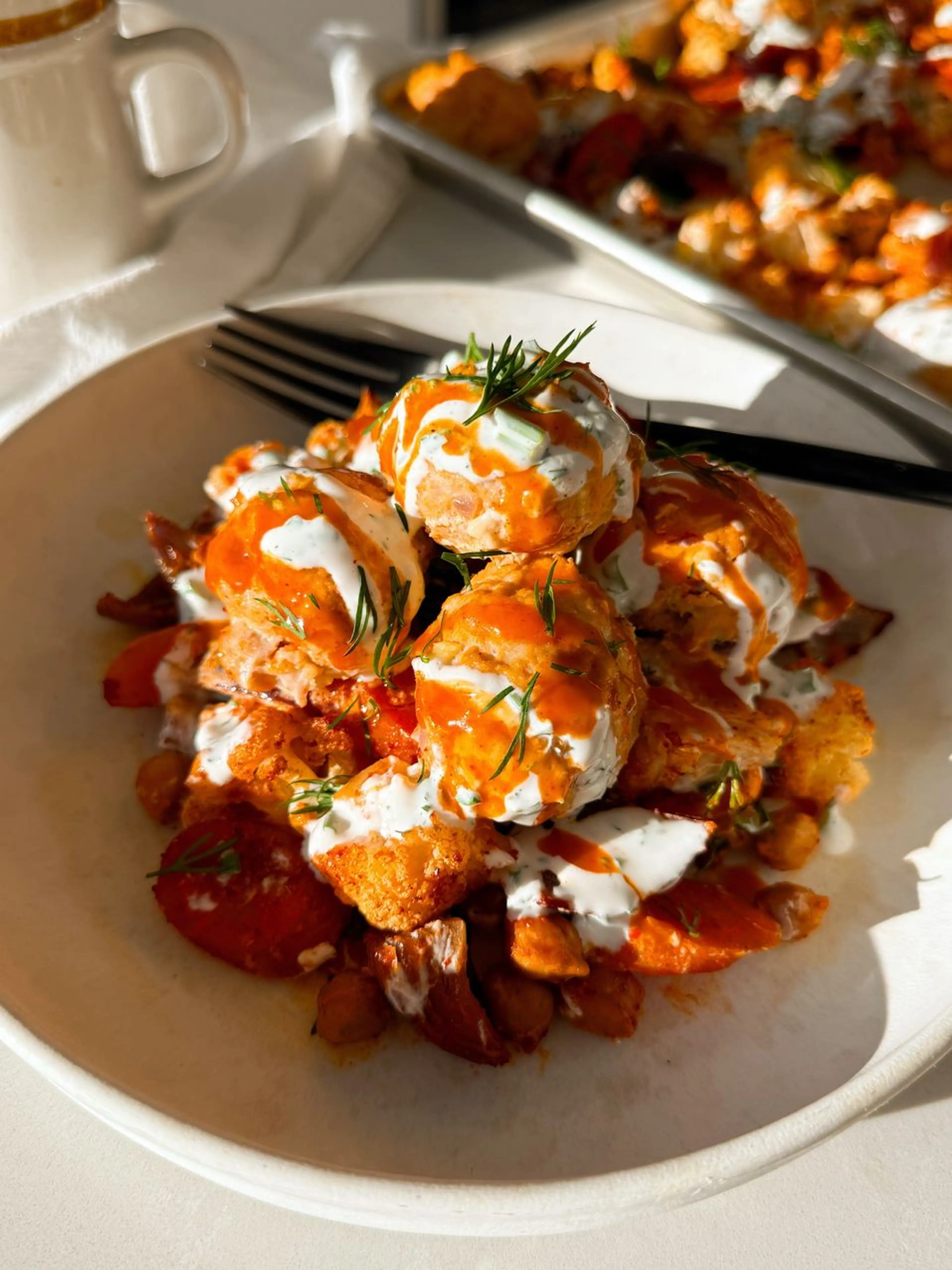 Buffalo Chicken Meatballs and Veggies with Herb Yogurt Sauce