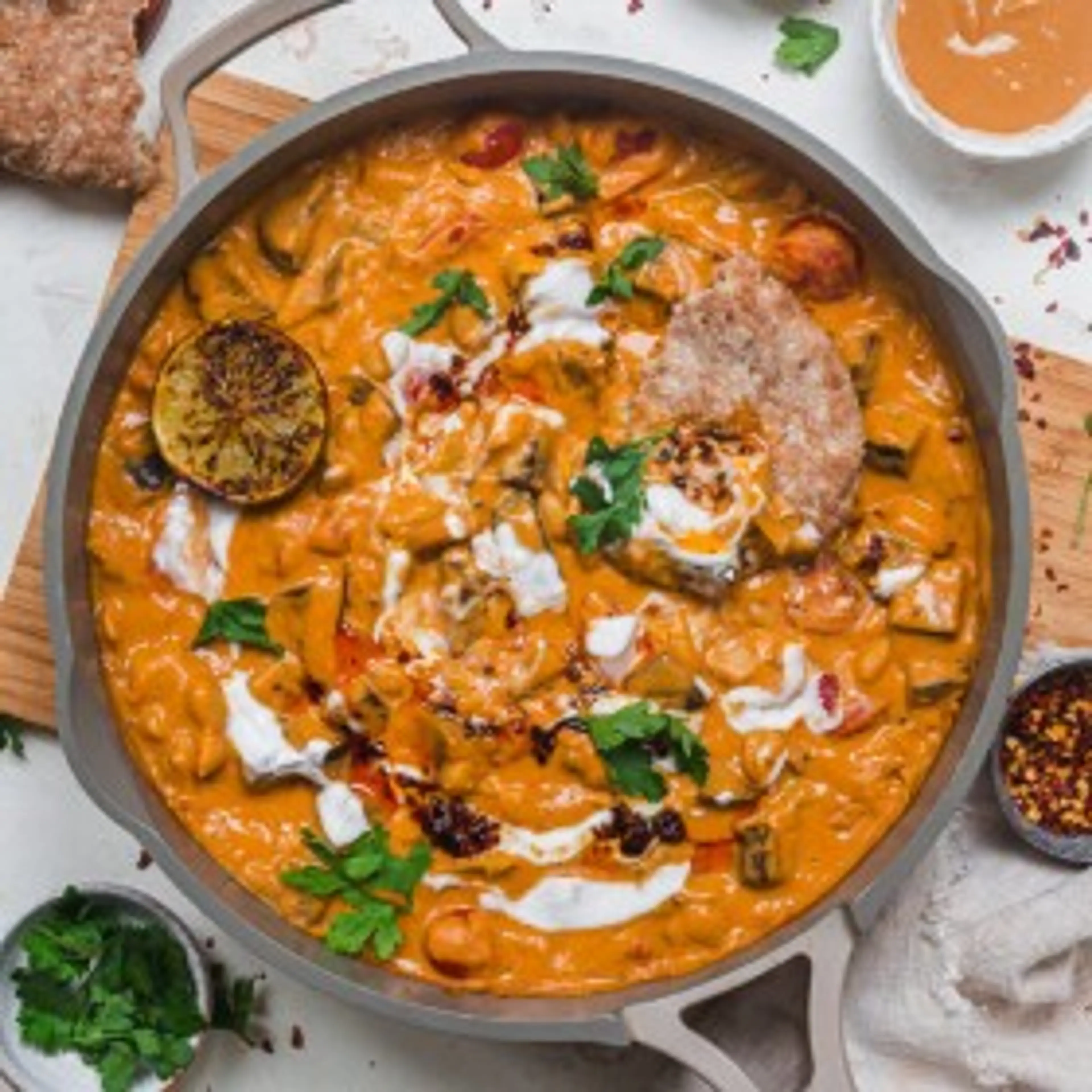 Creamy Peanut Curried Aubergine and Beans