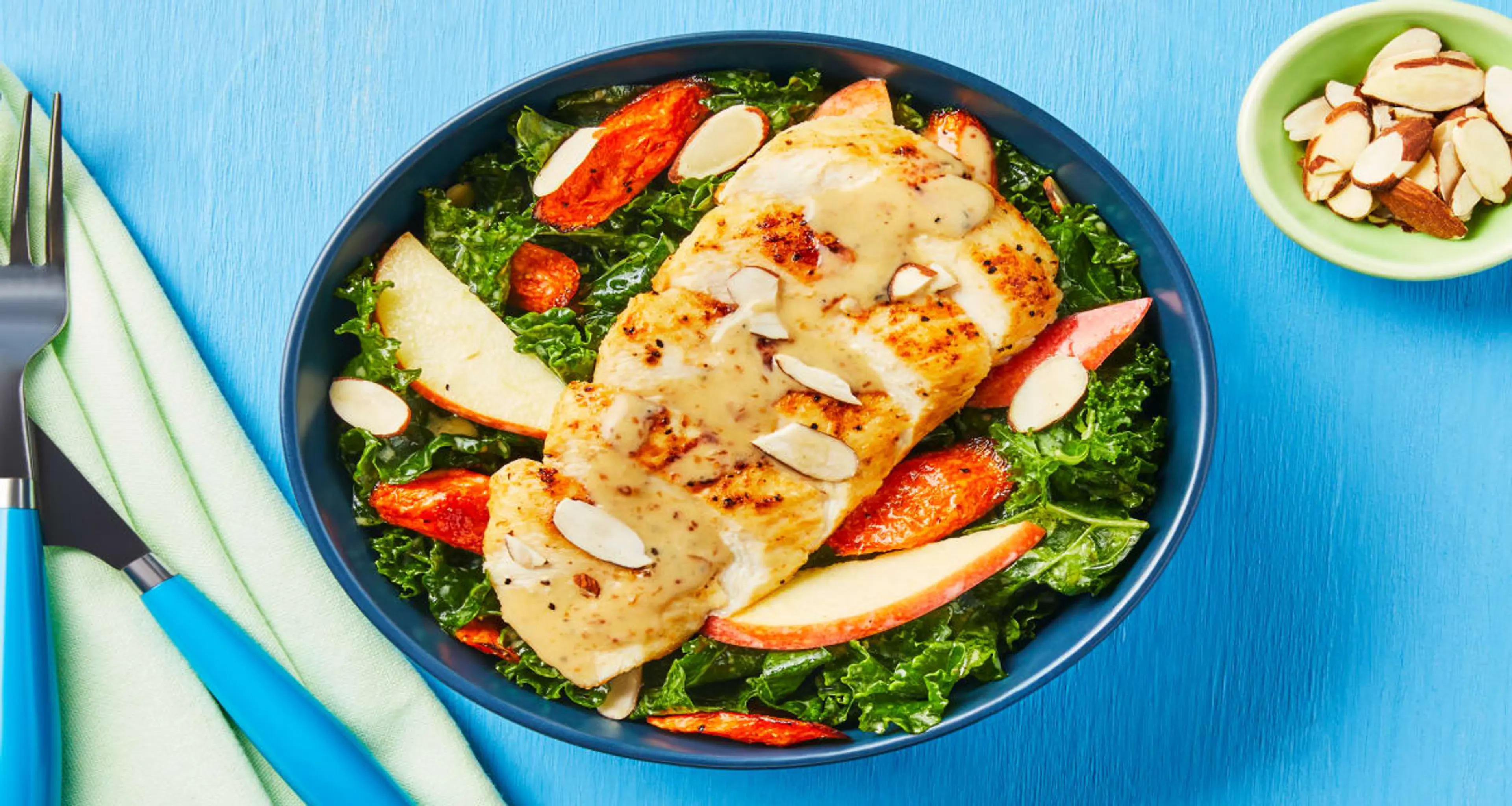 Garlicky Chicken with Kale Salad and Roasted Carrot