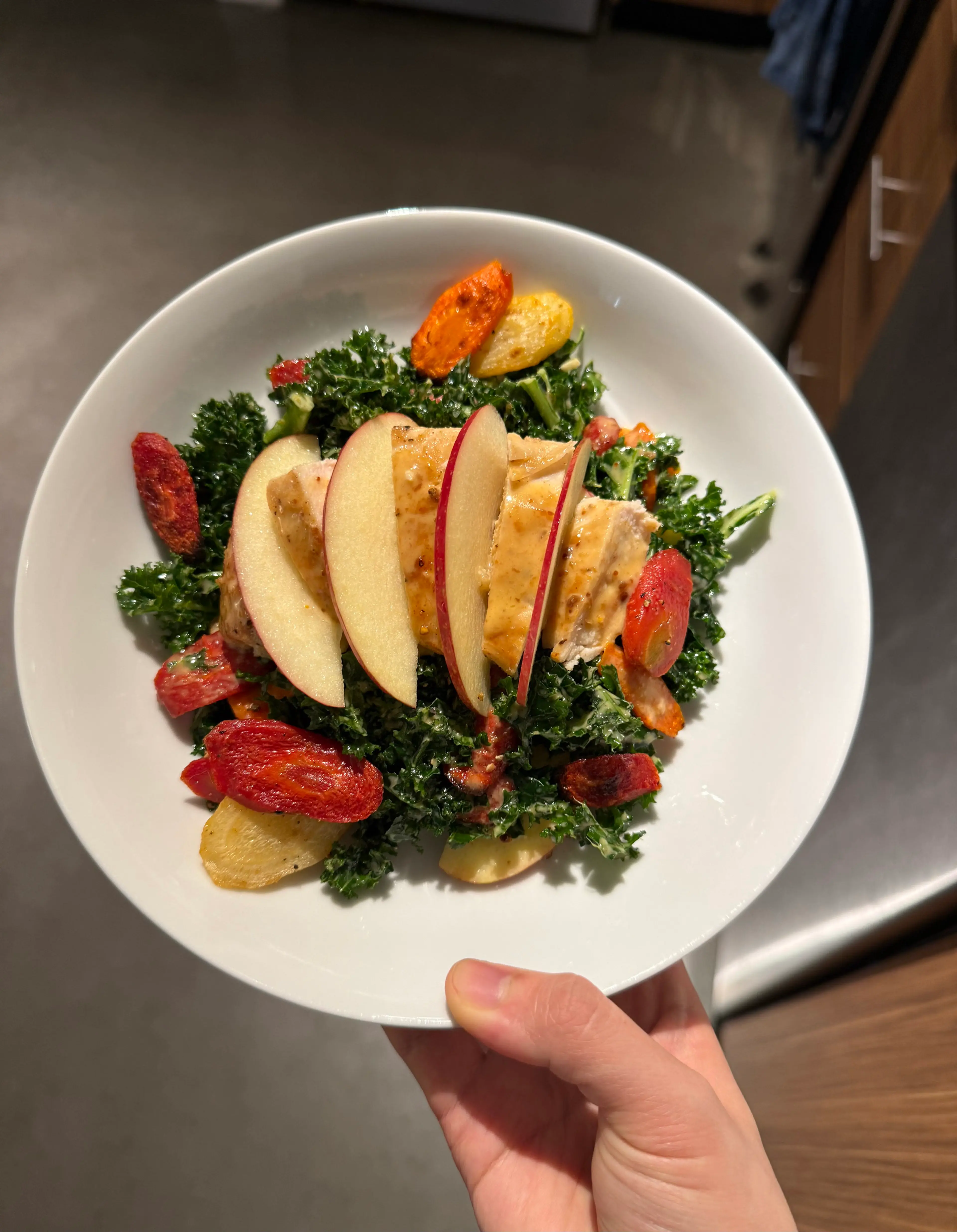 Garlicky Chicken with Kale Salad and Roasted Carrot